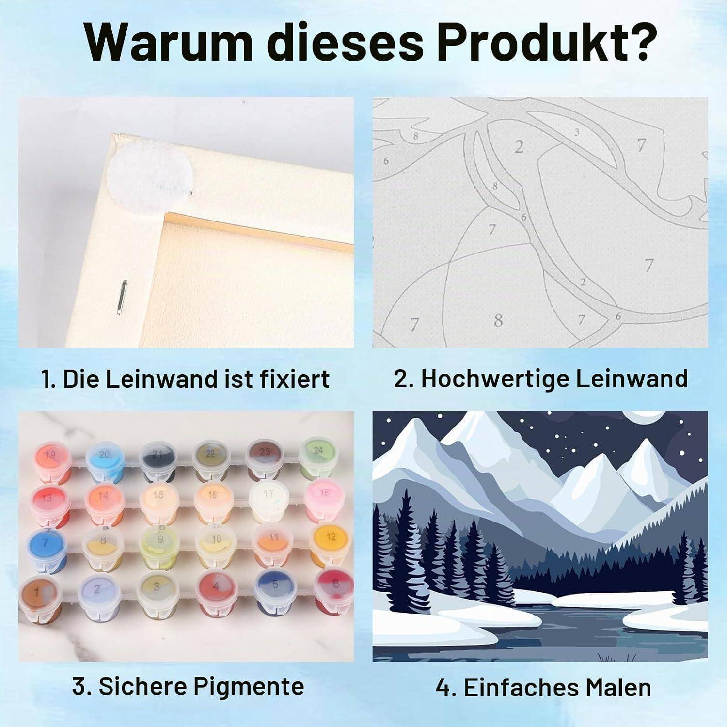 Bowetile 4 Stück Mond Malen Nach Zahlen Kinder mit Rahmen, Malen Nach Zahlen Kinder mit Rahmen ab 4-8-12+, Diy Gemäide Bastelset auf Leinwand mit Pi