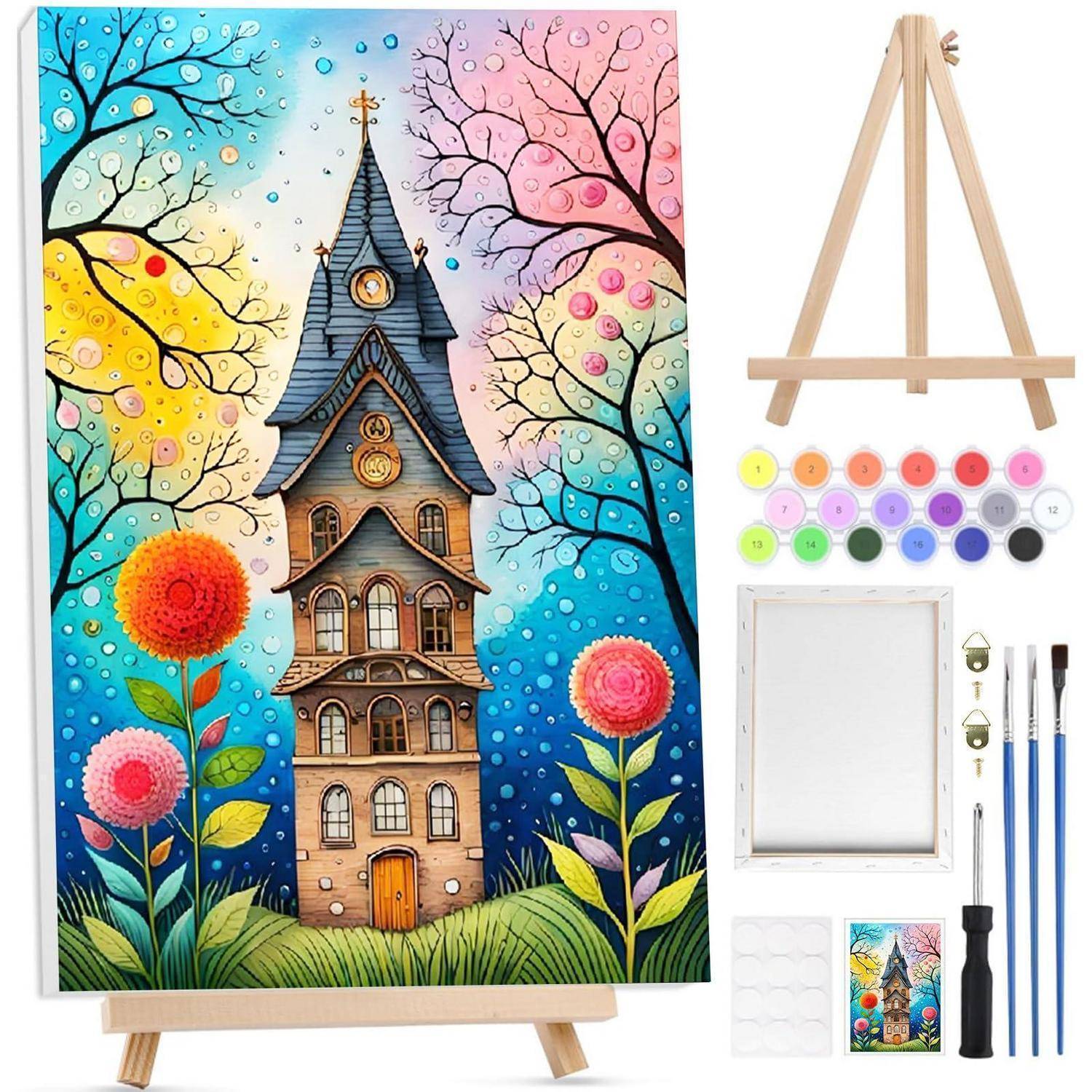 Eine bemalte Leinwand auf einer Staffelei zeigt ein fantasievolles Turmhaus mit leuchtenden Blumen und bunten Bäumen; Kunstmaterialien sind daneben angeordnet.