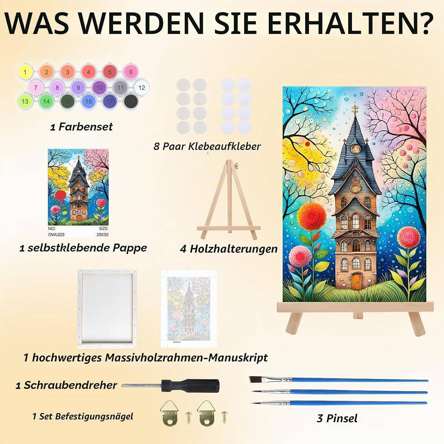 Bastlersets Inhalt mit deutschen Etiketten: 1 Farbset, 8 Paare Klebepunkte, 1 selbstklebendes Papier, 4 Holzhalter, 1 Vollholz-Rahmen-Leinwand, 1 Schraubendreher, 1 Set Befestigungsnägel und 3 Pinsel.