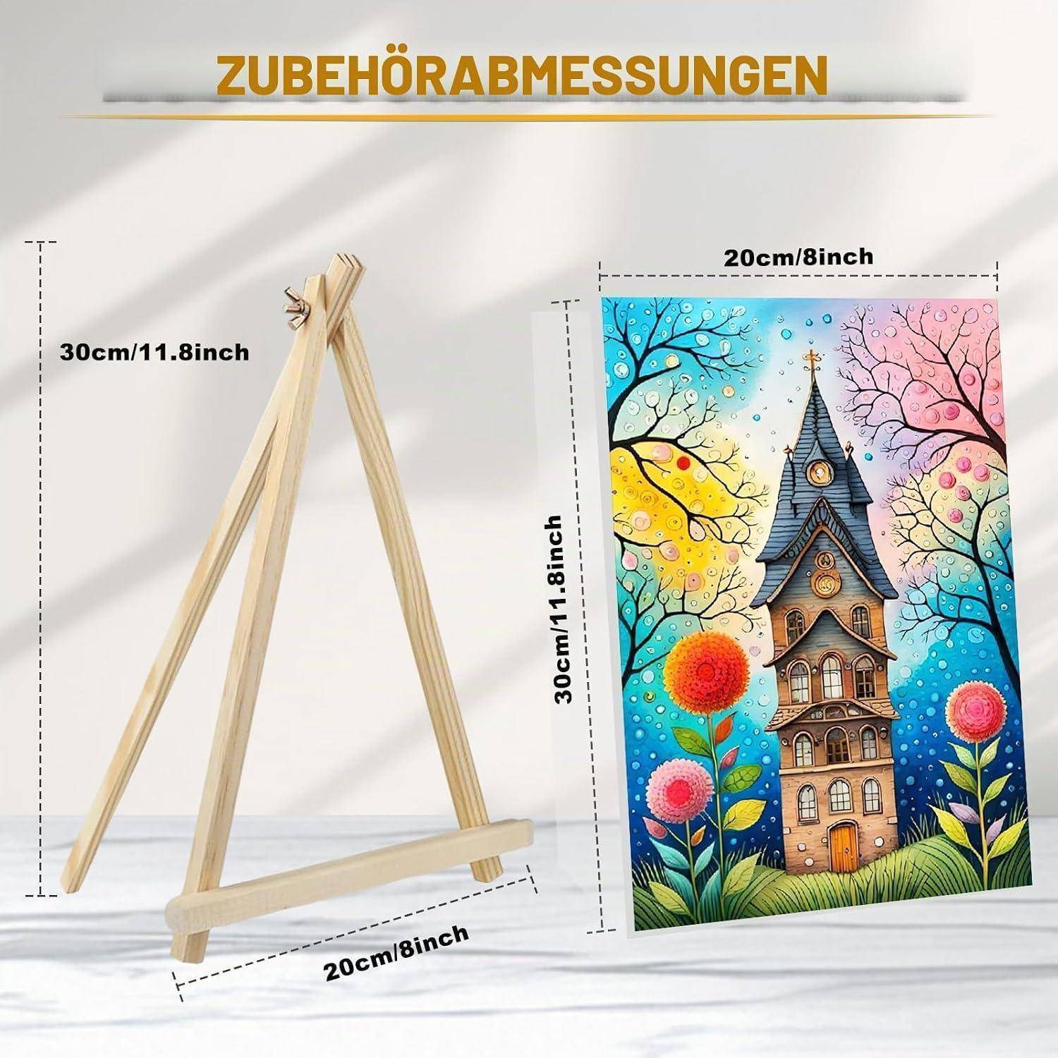 Größenleitfaden mit einer Holzstaffelei und gerahmtem Kunstwerk: Die Staffelei ist 30 cm hoch und 20 cm breit; das Kunstwerk ist 30 cm hoch und 20 cm breit.