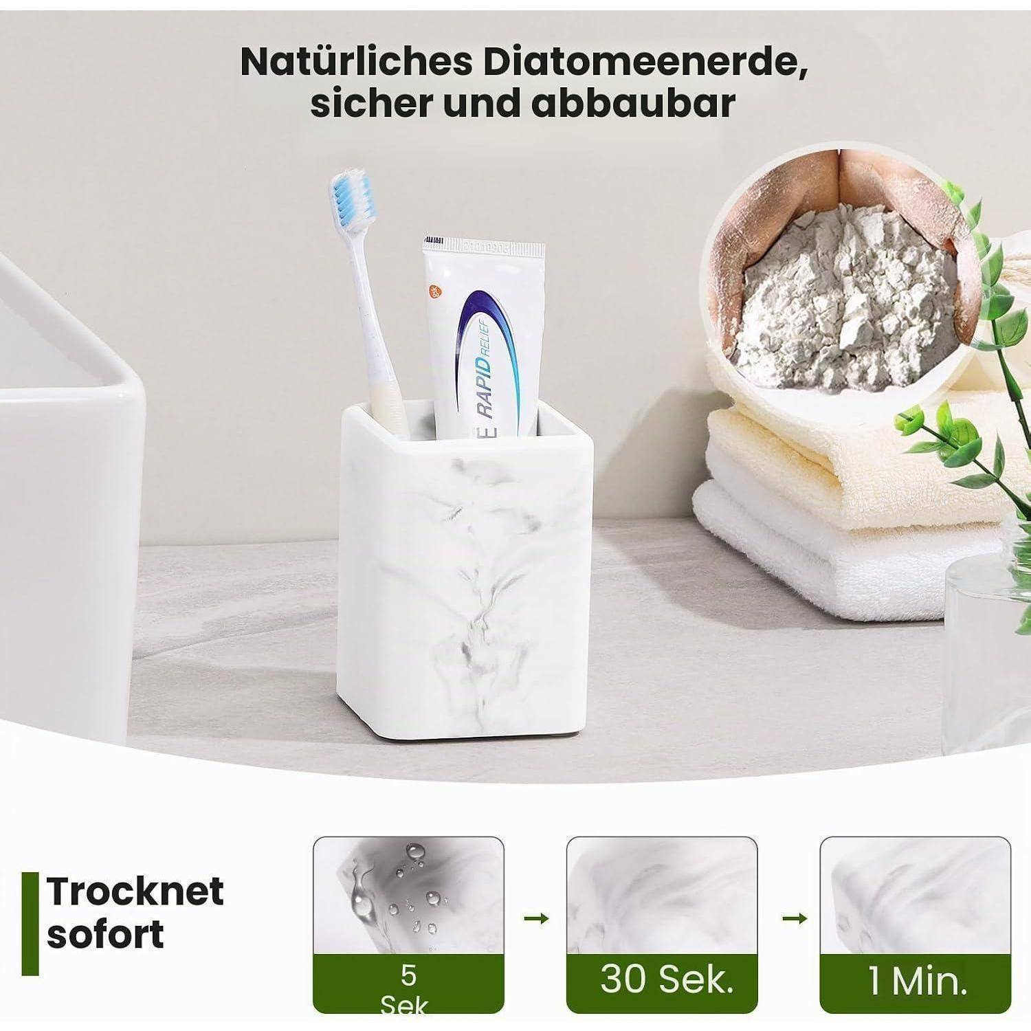 Deutsches Angebot für eine Badewannenablage aus Diatomeenerde; zeigt eine Zahnbürste und Tube in einem marmorartigen Behälter, mit Text „trocknet sofort