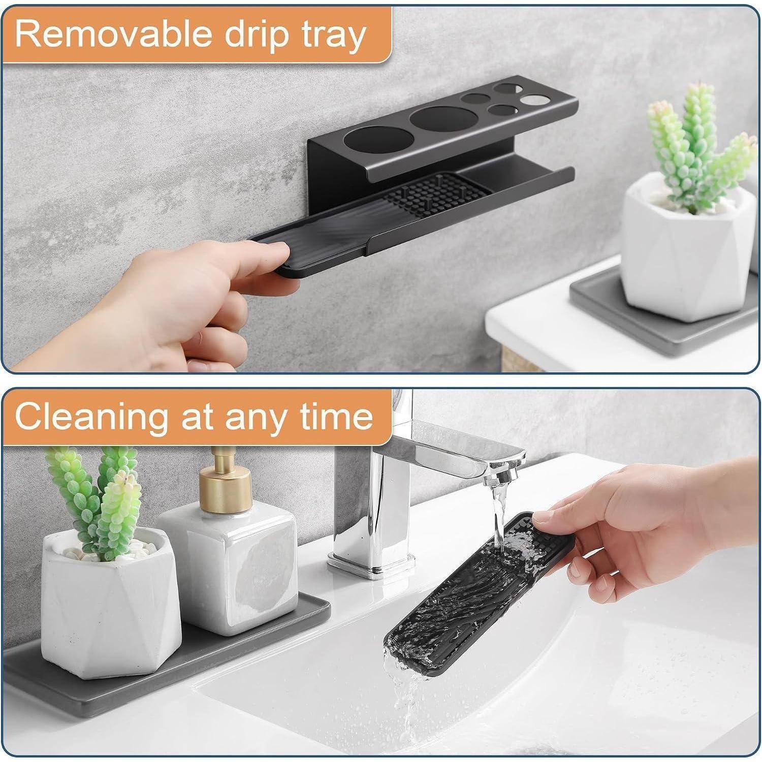 Zweiteiliges Produktbild zeigt ein wandmontiertes Regal mit abnehmbarem Auffangbehälter, der herausgezogen und unter einem Wasserhahn gespült wird, mit den Beschriftungen 'Abnehmbarer Auffangbehälter' und 'Reinigung jederzeit'.