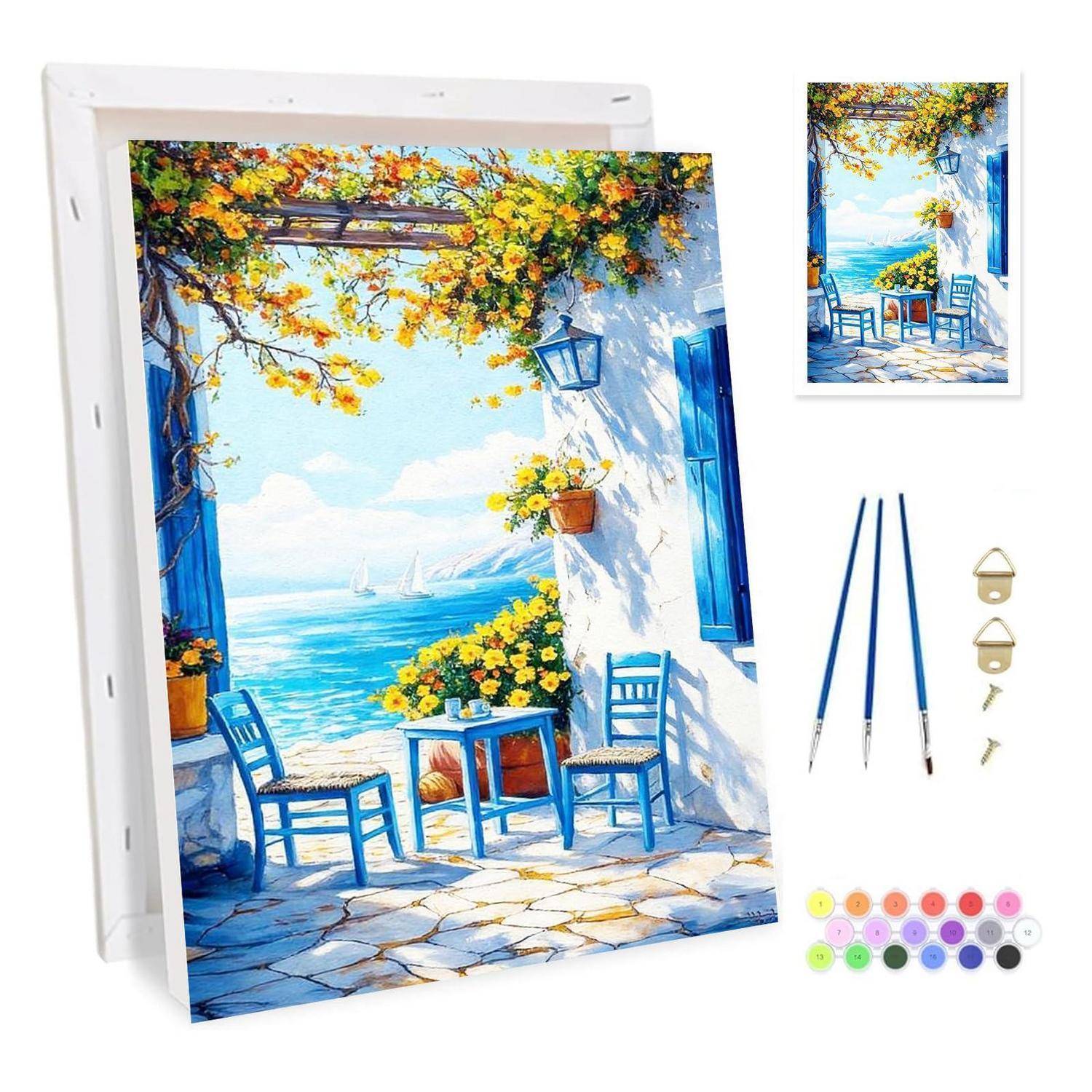 Malen-nach-Zahlen-Set mit einer Strandterrassen-Szene auf Leinwand, inklusive Malerpinseln, Aufhängehardware und Farben.