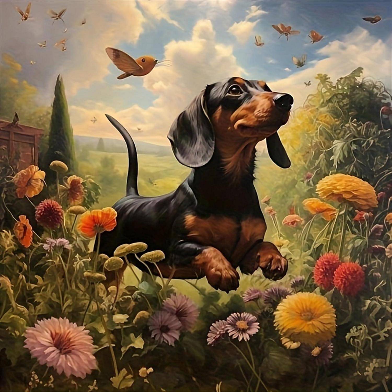 Ein schwarz-rot gefleckter Dackel sitzt inmitten von bunten Wildblumen auf einer sonnigen Wiese, mit Vögeln, die über ihm fliegen, und einer entfernten Landschaft im Hintergrund.