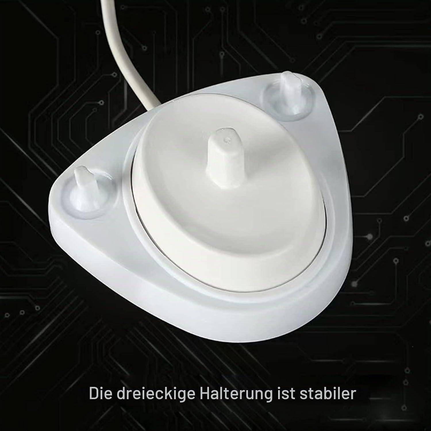 Weiße dreieckige Saugnapfhalterung mit einem zentralen runden Knopf, gezeigt auf einem dunklen Leiterplattenmuster-Hintergrund; die Beschriftung lautet „Die dreieckige Halterung ist stabiler