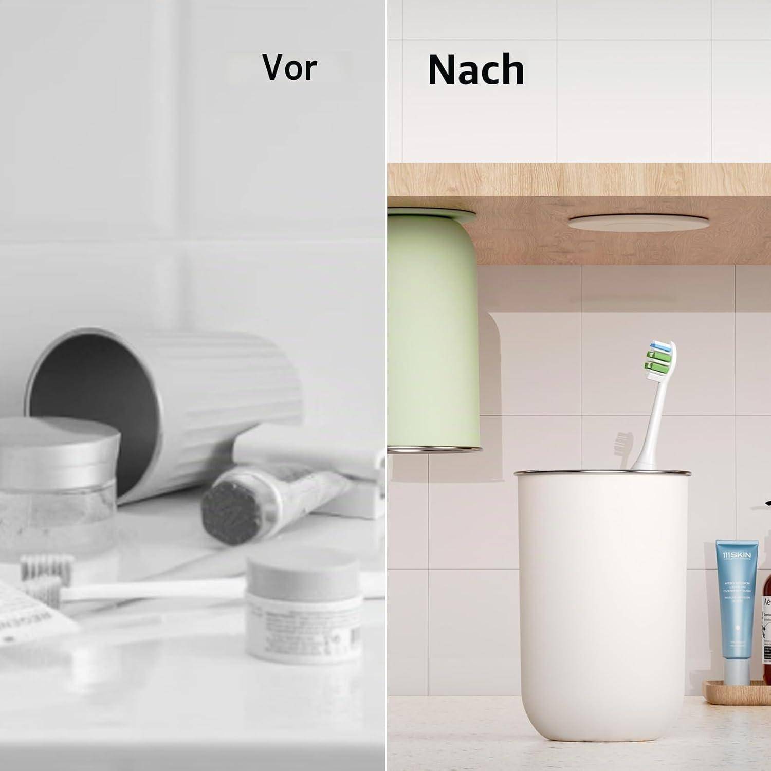 Geteilter Bildschirm Vorher-Nachher des Badezimmertisches: 