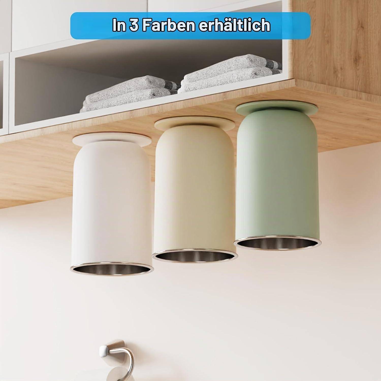 Drei zylindrische Pendelleuchten in Weiß, Beige und Grün hängen unter einem Holzschrank; ein Banner besagt „In 3 Farben erhältlich