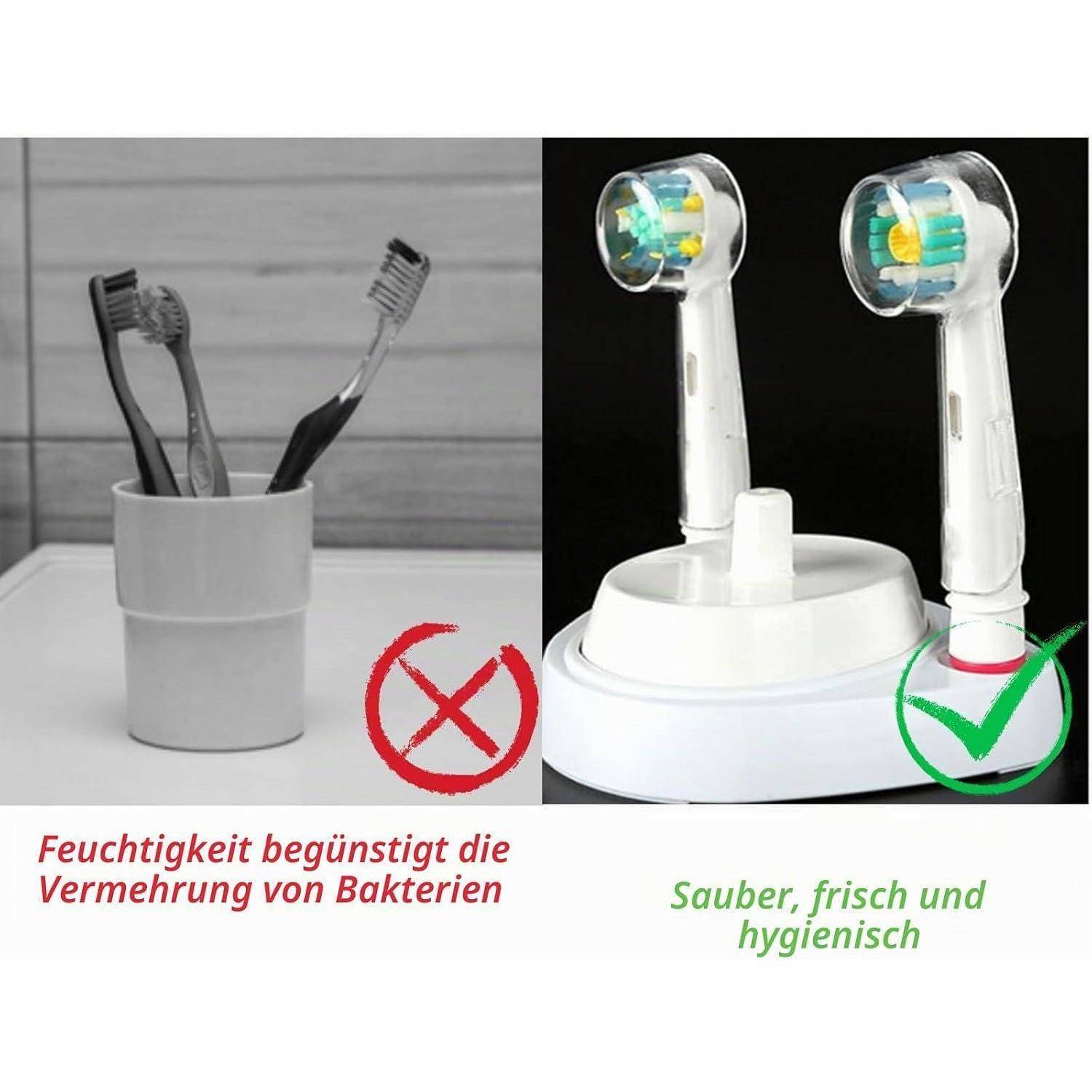 Vergleich der Zahnburstenlagerung: offenes Glas markiert mit X mit Text „Feuchtigkeit fördert Bakterienwachstum