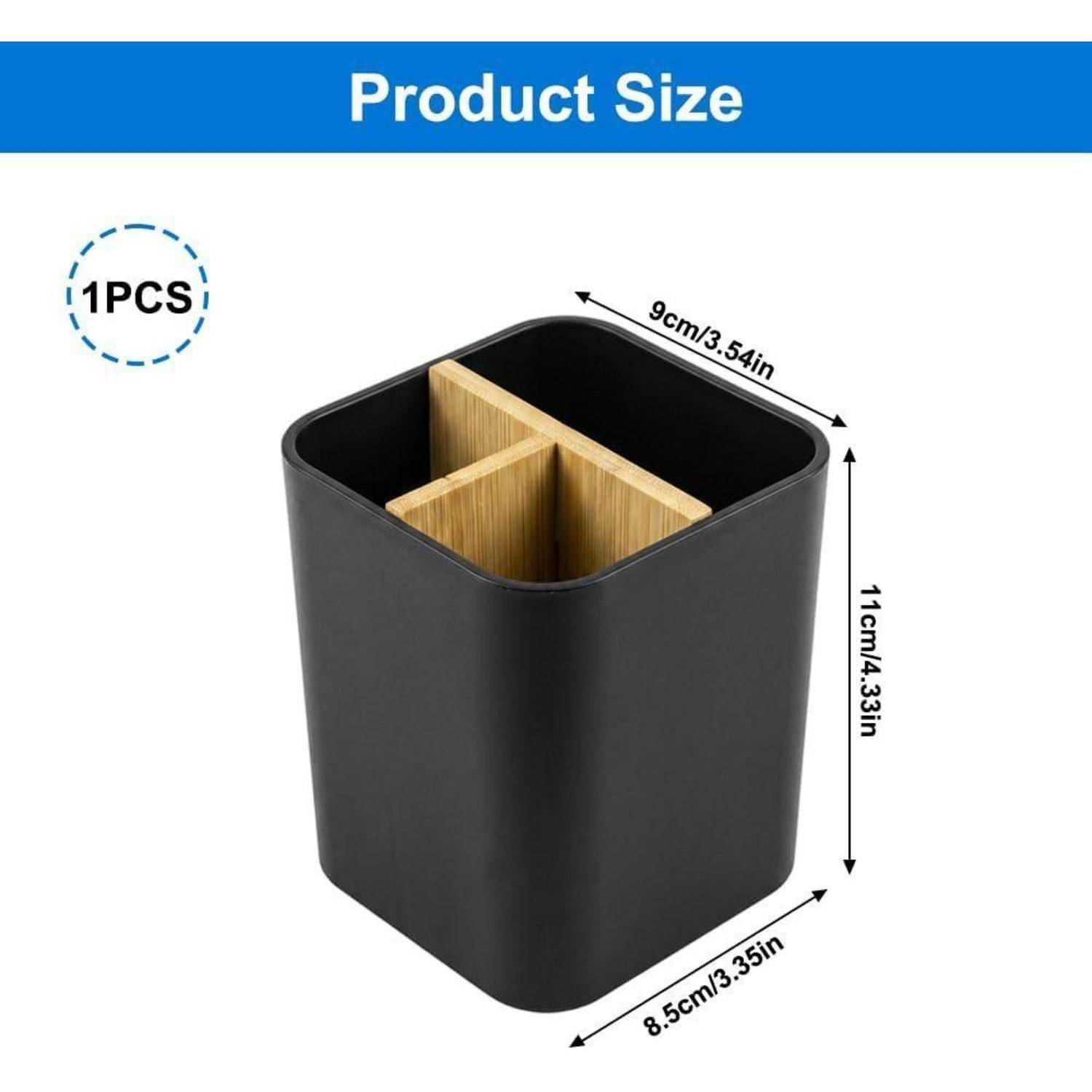 Produktgrößendiagramm eines schwarzen quadratischen Behälters mit Holztrennwänden, beschriftet mit 9cm x 8,5cm x 11cm und „1 STÜCK