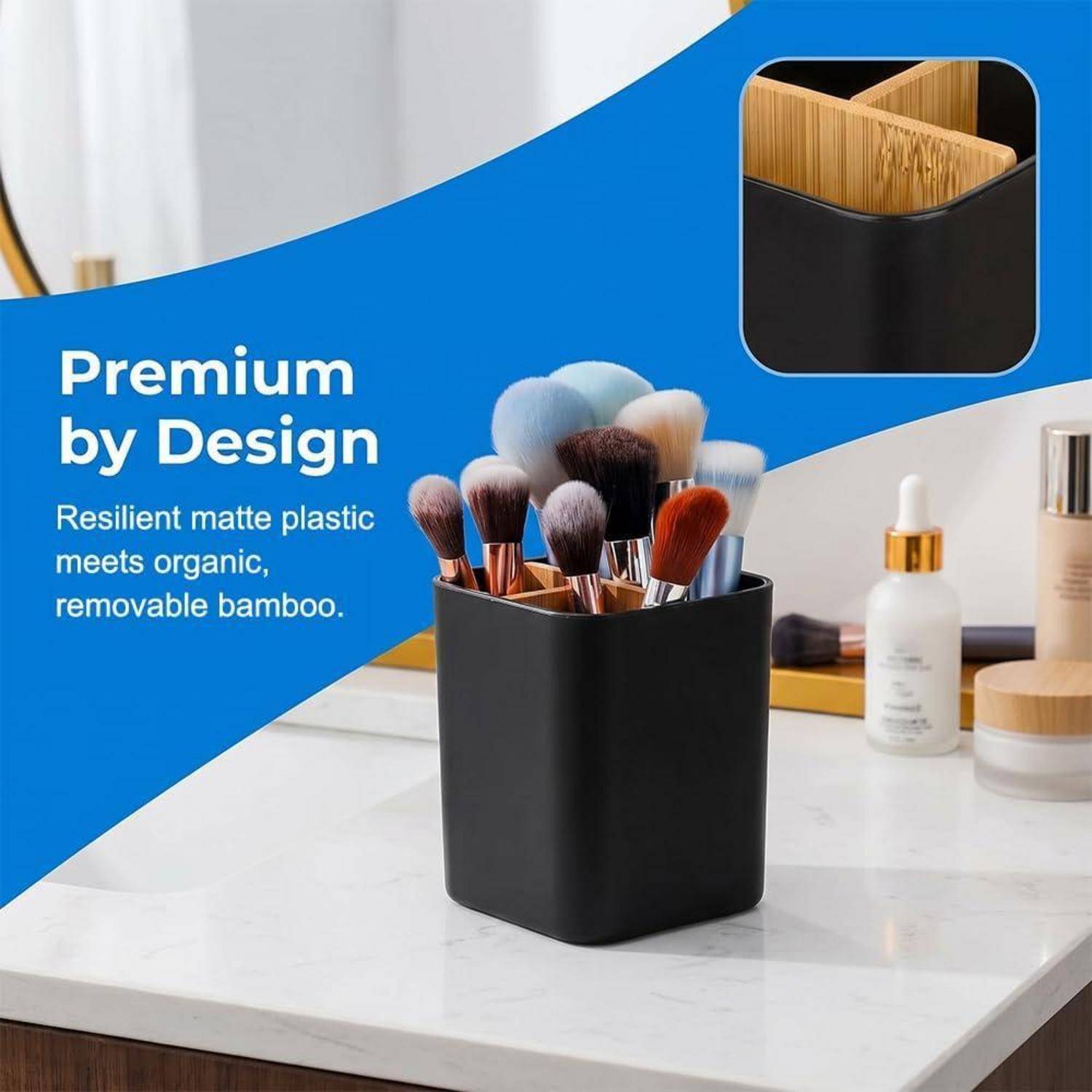 Schwarzer matter Makeup-Pinselhäter mit Bamboo-Einsatz auf einer Frisiertische, gezeigt mit dem Text „Premium by Design