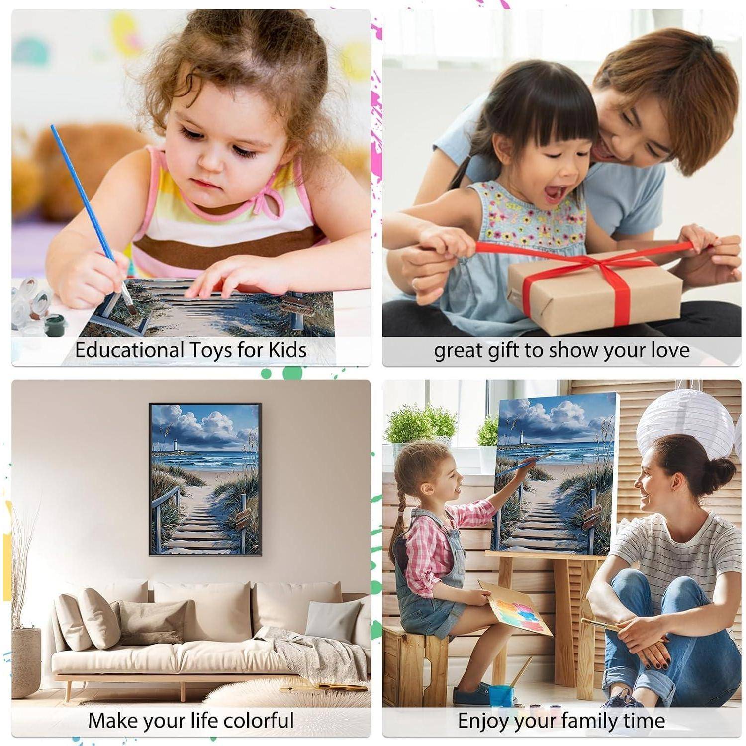 Viertel-Bild-Collage zeigt Kinder beim Zeichnen, eine Mutter und ein Kind beim Auspacken eines Geschenks, eine Strand-Wandkunst in einem Wohnzimmer und eine Familie, die zusammen malt, mit Untertiteln, die Kinderspielzeug, Geschenke, bunte Dekoration und gemeinsame Familienzeit fördern.