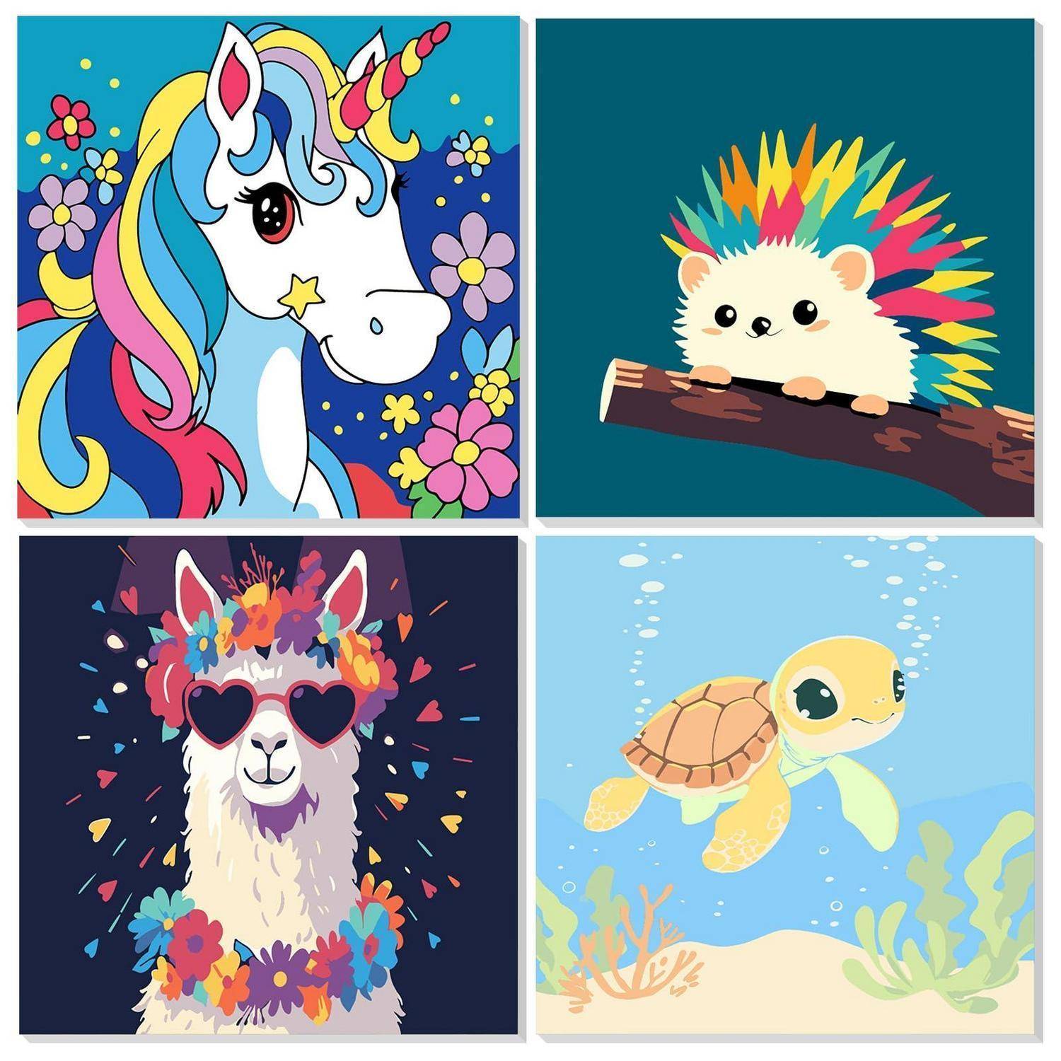 Vier farbenfrohe Tierillustrationen: ein Einhorn, ein Igel, ein Lama mit Herz-Sonnenbrille und eine Meeresschildkröte unter Wasser.