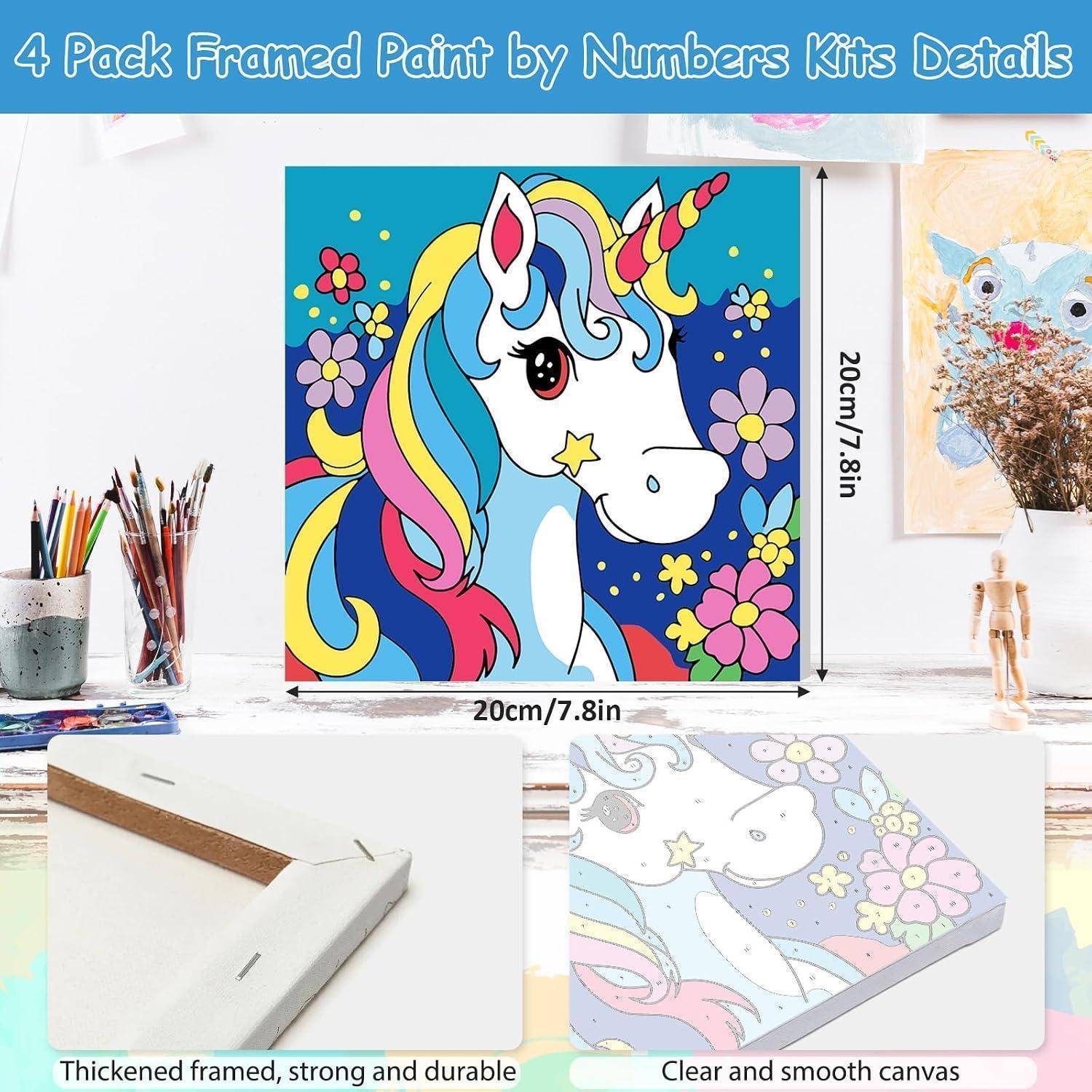 Produktbild zeigt ein 4er-Pack Malen-nach-Zahlen-Set mit Rahmen und Einhornmotiv auf einer 20 cm x 20 cm Leinwand, plus Nahaufnahmen des stabilen Rahmens und der glatten Leinwand.