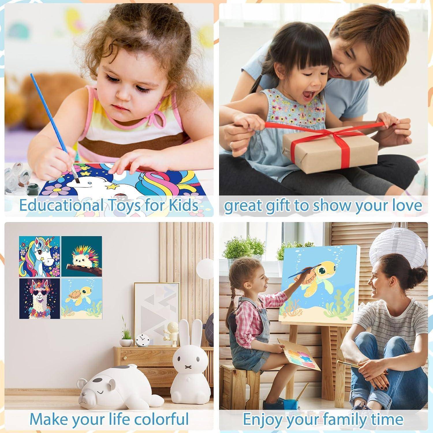 Vier-Panel-Werbekollage mit Kindern beim Malen und einer Mutter, die einem Kind hilft, ein Geschenk auszupacken, mit den Beschriftungen „Lernspielzeug für Kinder