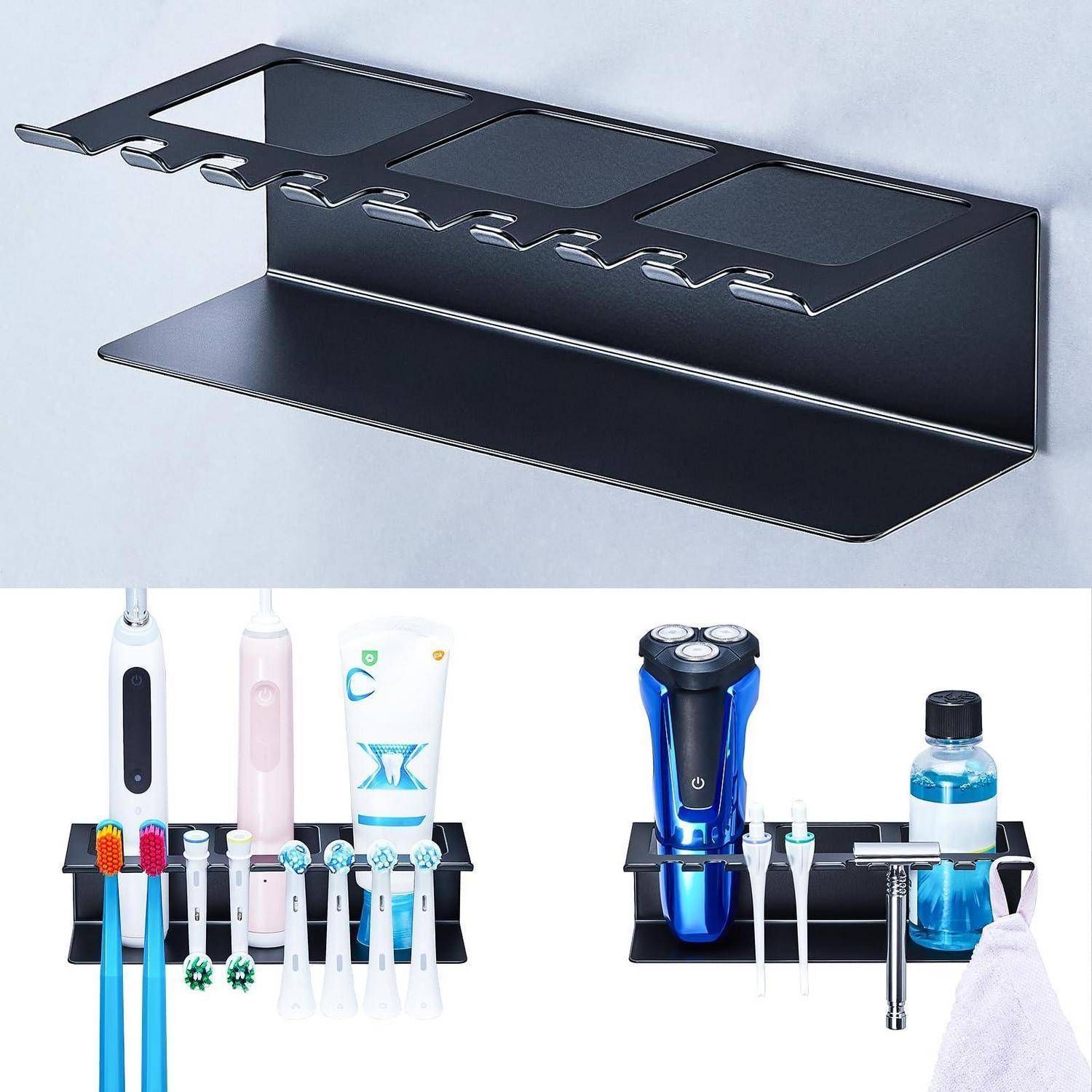 Schwarzer wandmontierter Badezimmerorganizer mit Tablett und Fächern für Zahnbürsten, Rasierer, Zahnpasta und Toilettenartikel.