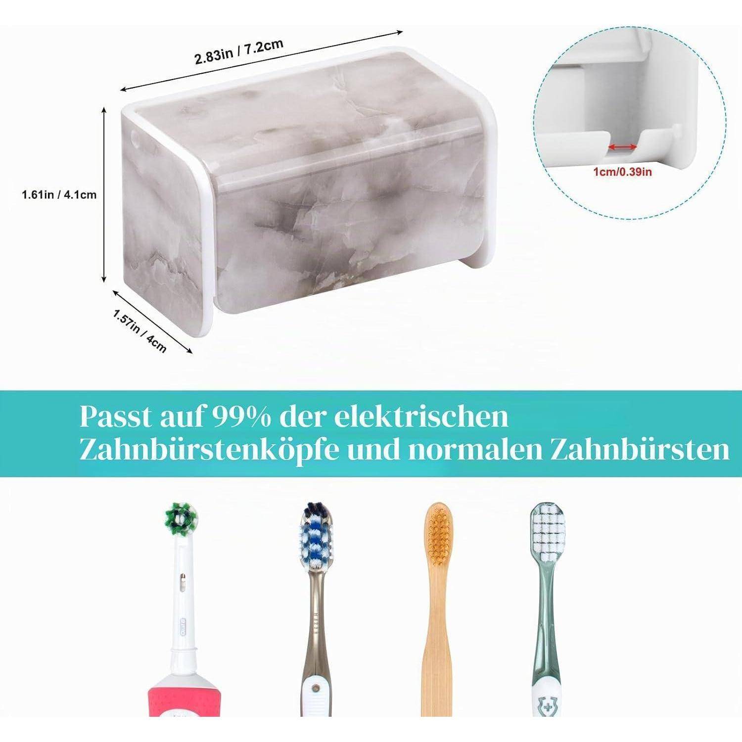Zahnbürstenhalter mit Marmormuster und den Abmessungen 2,83 x 1,61 x 1,57 Zoll, plus Ausschnitt mit 1 cm Öffnung; der Text besagt, dass er für 99 % der elektrischen und Standard-Zahnbürstenköpfe passt.