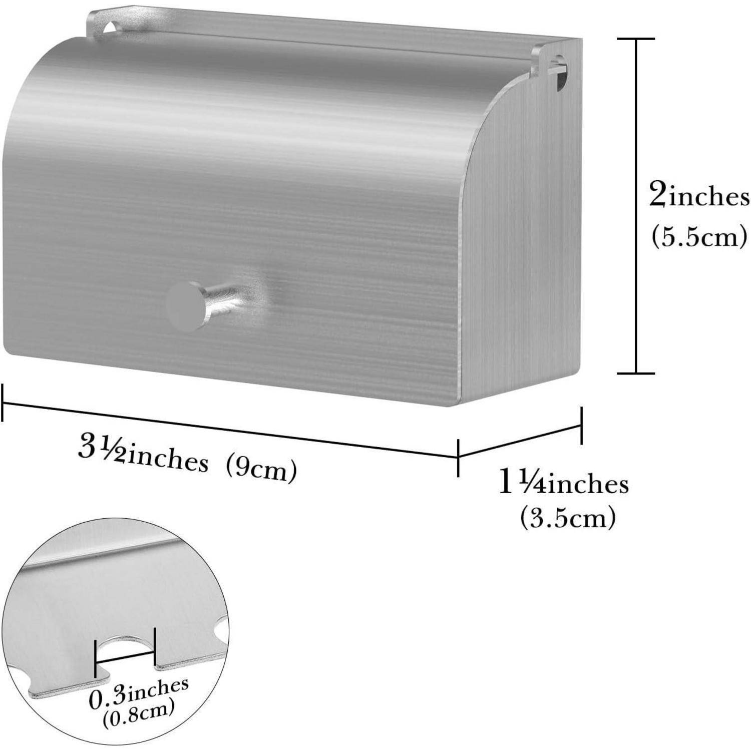 Gebürsteter Metallblock zur Wandmontage mit vorstehendem Knopf an der Vorderseite, gekennzeichnet mit den Abmessungen 3,5 x 1,25 x 2 Zoll, plus Ausschnitt mit einem 0,3-Zoll-Schlitz.
