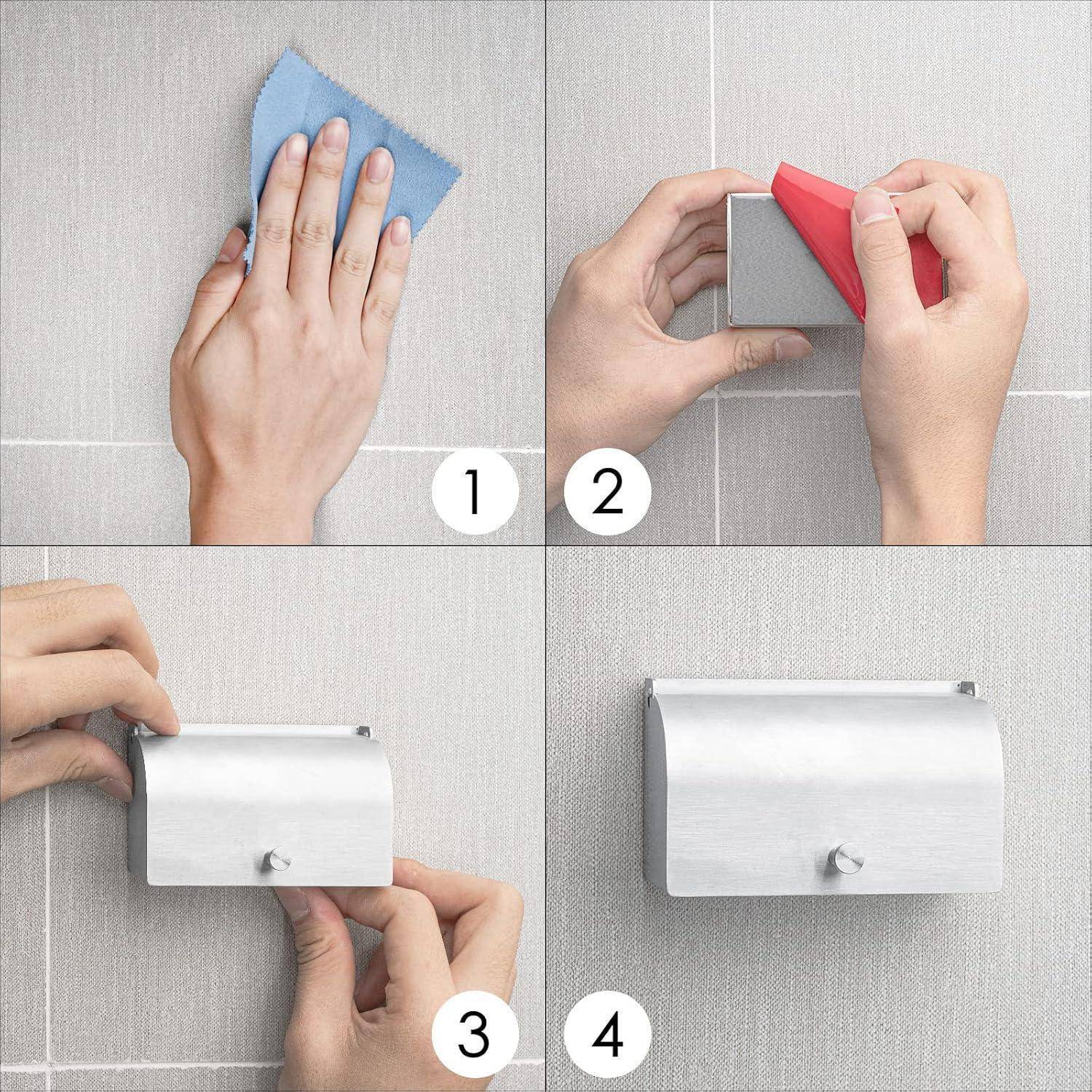 Vierschrittanleitung zum Anbringen eines wandmontierten Toilettenpapierhalters: Fliese reinigen, Kleber auftragen, Halterung befestigen und fertige Installation.