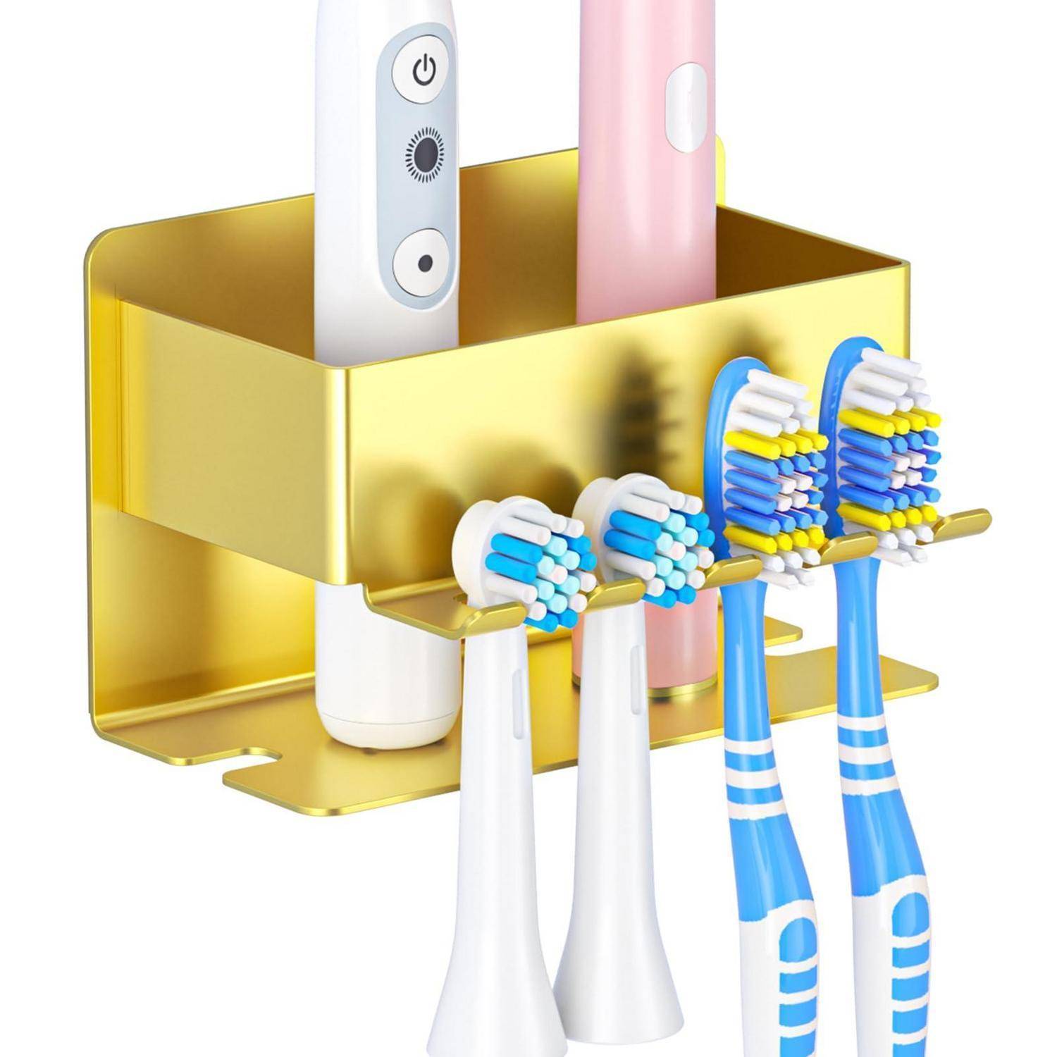 Ein an der Wand montierter Goldhalter speichert zwei elektrische Zahnbürsten und zwei manuelle Zahnbürsten in separaten Fächern.