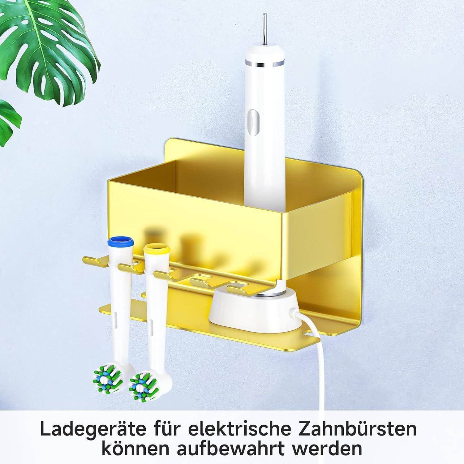 Gelbe Wandorganizer zum Lagern einer elektrischen Zahnbürste und zwei Bürstenköpfe, mit deutschem Text, der angibt, dass Ladegeräte für elektrische Zahnbürsten gelagert werden können.