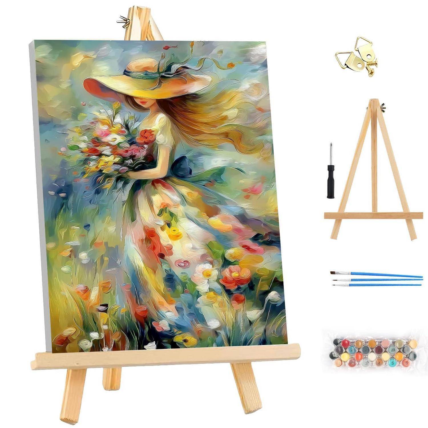 Kunststafelset zur Ausstellung mit einem farbenfrohen Gemälde einer Frau mit Hut, die Blumen hält, plus eine kleine Holzstaffelei und Malwerkzeuge auf der Seite.