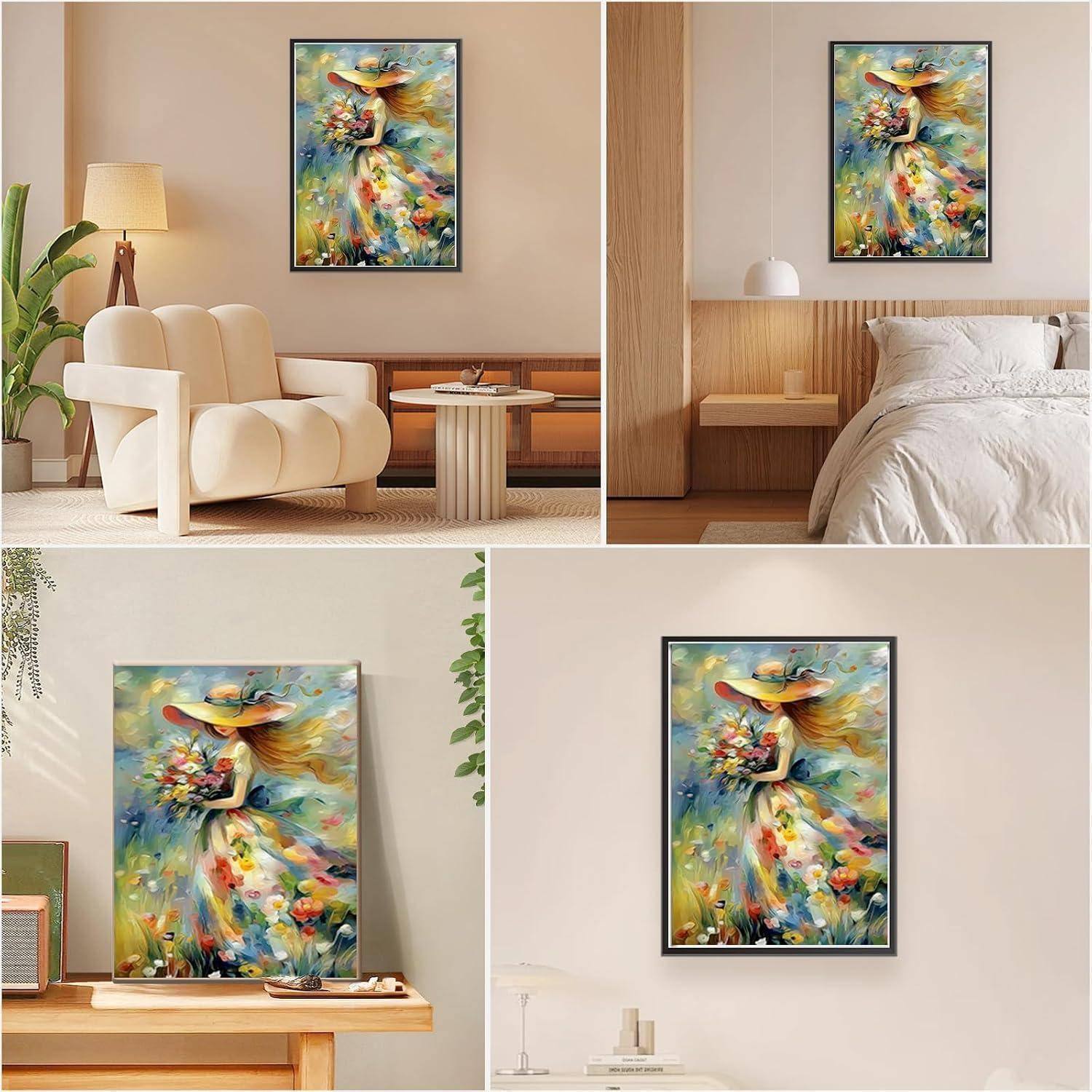 Ein farbenfrohes Blumengemälde einer Frau mit Hut, das als Wandkunst in einem Wohnzimmer, Schlafzimmer und Schreibtischbereich ausgestellt ist.