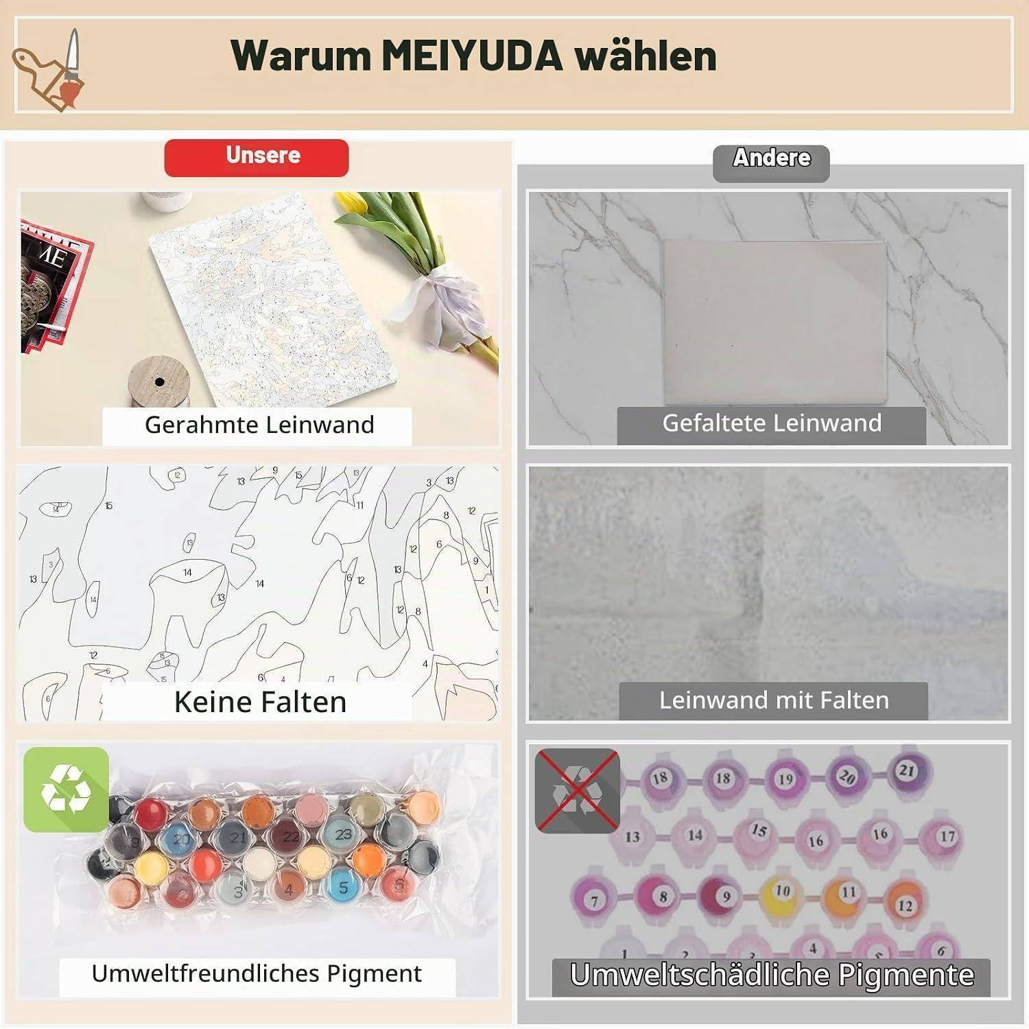 Deutsches Vergleichsgrafik, die MEYUDA-Vorteile zeigt: Leinwand mit Rahmen, keine Falten, umweltfreundliche Pigmente, gegenüber gefalteter Leinwand und schädlichen Pigmenten.