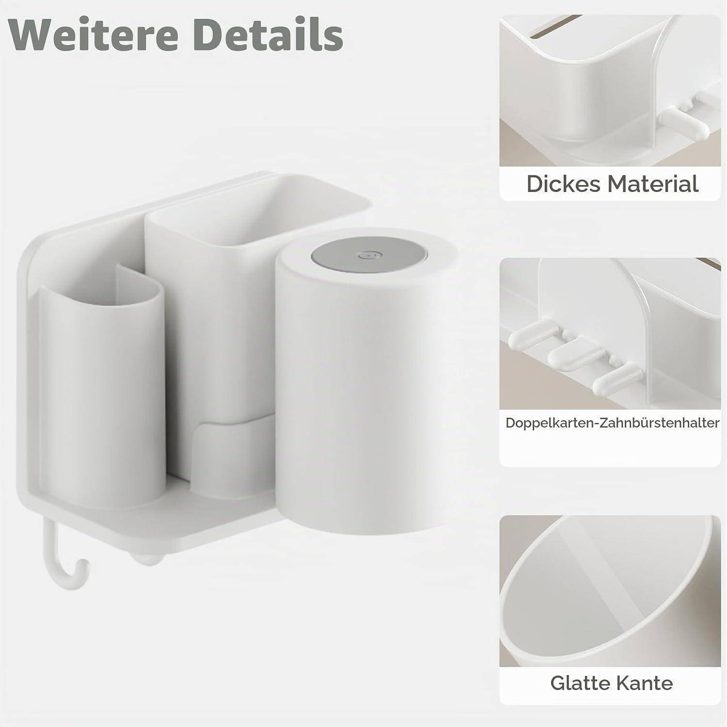 Produktbild eines weißen, wandmontierten Badezimmerorganizers mit Zahnbürstenhalter und Toilettenpapierrollenhalter, mit der Bezeichnung „Weitere Details