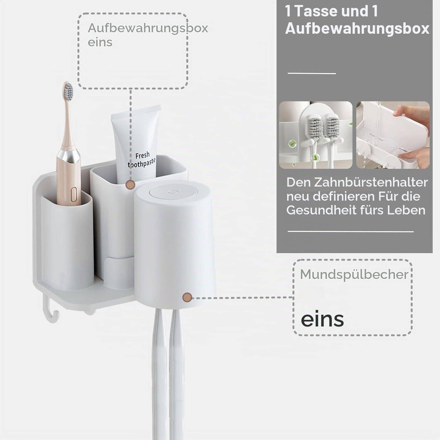 Badezimmer-Wandorganizer für eine Zahnbürste und eine Aufbewahrungsbox plus einen Mundwasser-Becher; deutsche Etiketten identifizieren die Fächer.