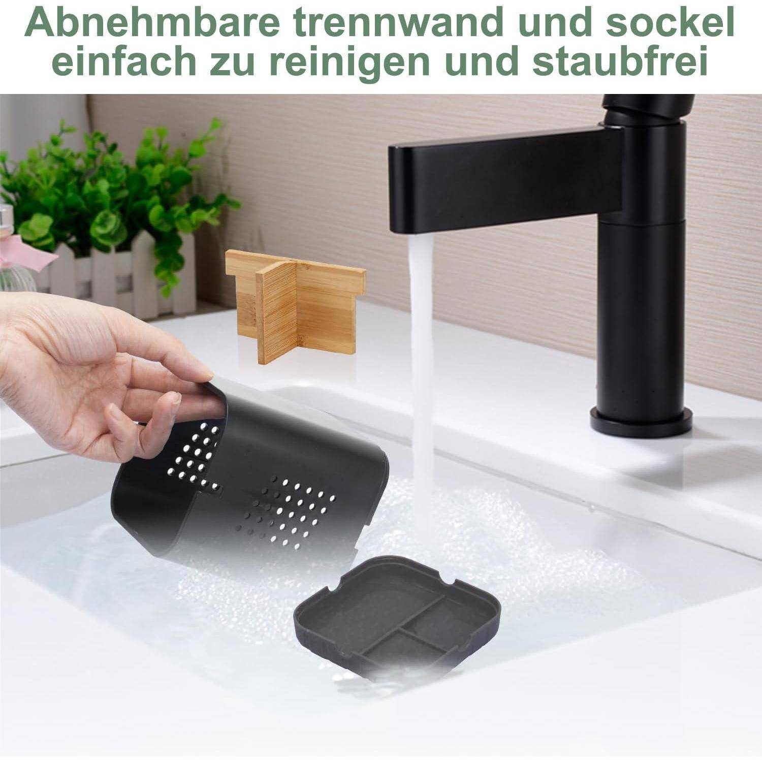 Waschbecken mit schwarzem Wasserhahn und abnehmbarem Ablaufsieb wird sauber gespült; deutscher Text besagt, dass es leicht staubfrei zu reinigen ist.