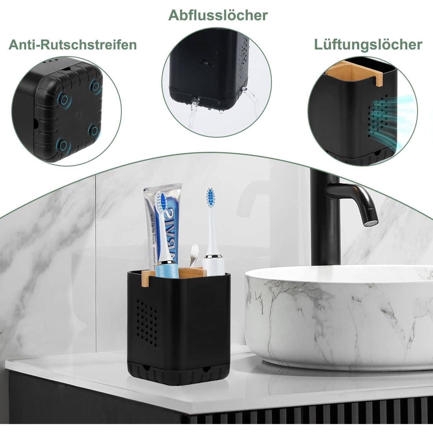 Schwarzer Badezimmerorganizer auf einem Waschtisch, der Zahnbürsten und Zahnpasta hält, mit Beschriftungen für rutschfeste Pads, Ablauchloch und Belüftungslöcher.