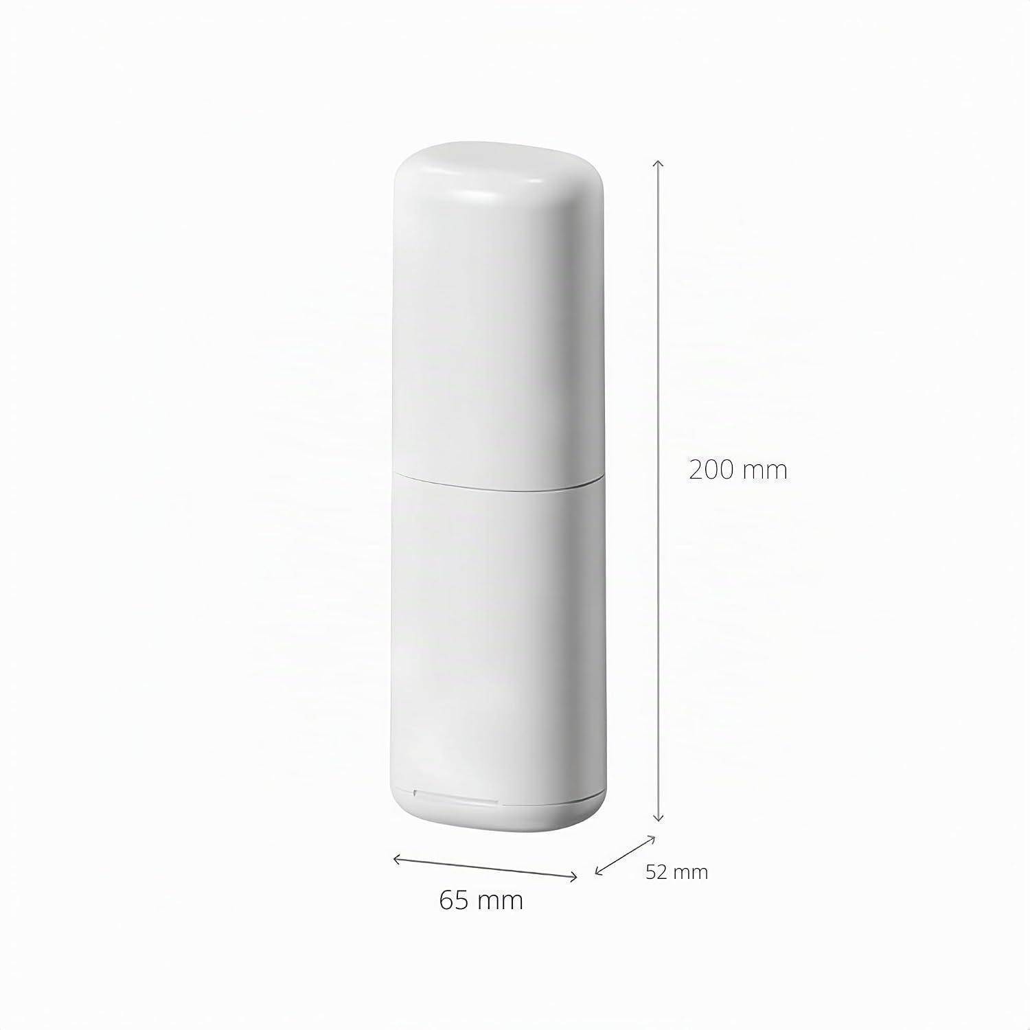 Weiße zylindrische Reiseflasche auf einfachem Hintergrund mit beschrifteten Abmessungen: 200 mm Höhe, 65 mm Breite und 52 mm Tiefe.