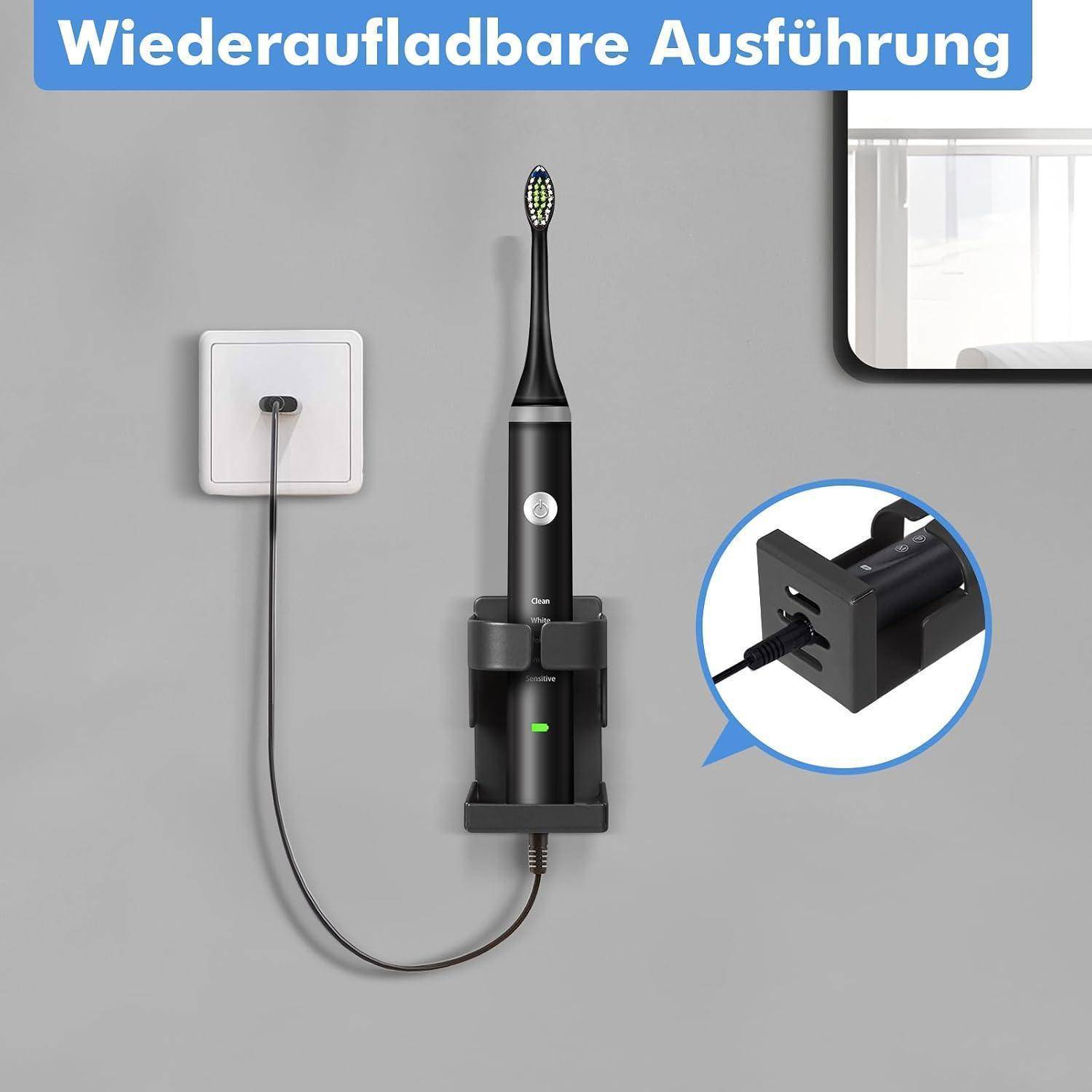 Wandmontiertes Ladegerät für elektrische Zahnbürsten mit Kabel; die Ausschnittabbildung zeigt einen Stecker, der angeschlossen wird, beschriftet mit „Wiederaufladbare Ausführung