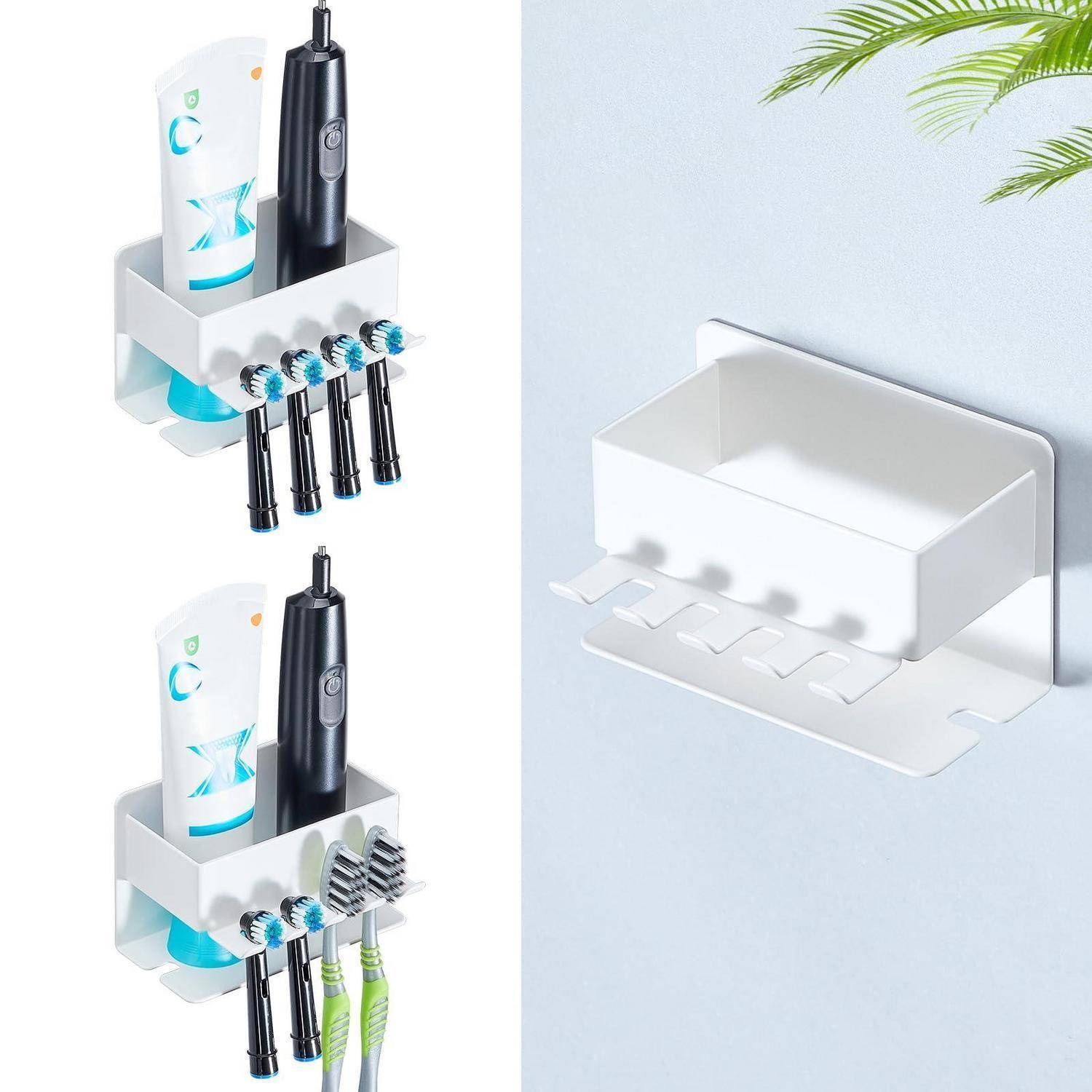 An der Wand angebrachter weißer Badezimmerorganizer, der Zahnpasta, elektrische Zahnbürsten und manuelle Zahnbürsten hält, mit einem abnehmbaren Regal und unteren Steckplätzen für Bürstenköpfe.