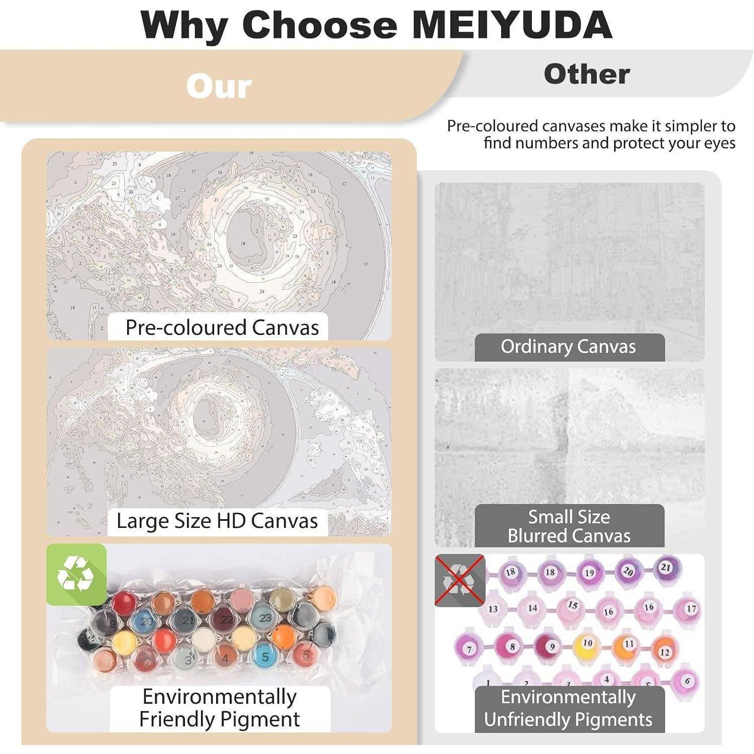 Vergleichsinfografik: MEIYUDA bietet vorbemalte, großformatige HD-Leinwände und umweltfreundliche Pigmente, während andere Marken gewöhnliche, unscharfe Leinwände und umweltschädliche Pigmente verwenden.