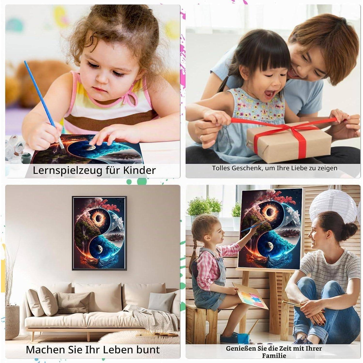 Vier-Panel-Anzeige: Kinder beim Malen und beim Auspacken eines Geschenks, plus bunte Wandkunst in einem Wohnzimmer. Deutsche Überschriften fördern Lernspielzeug für Kinder, ein Geschenk und machen das Leben farbig.
