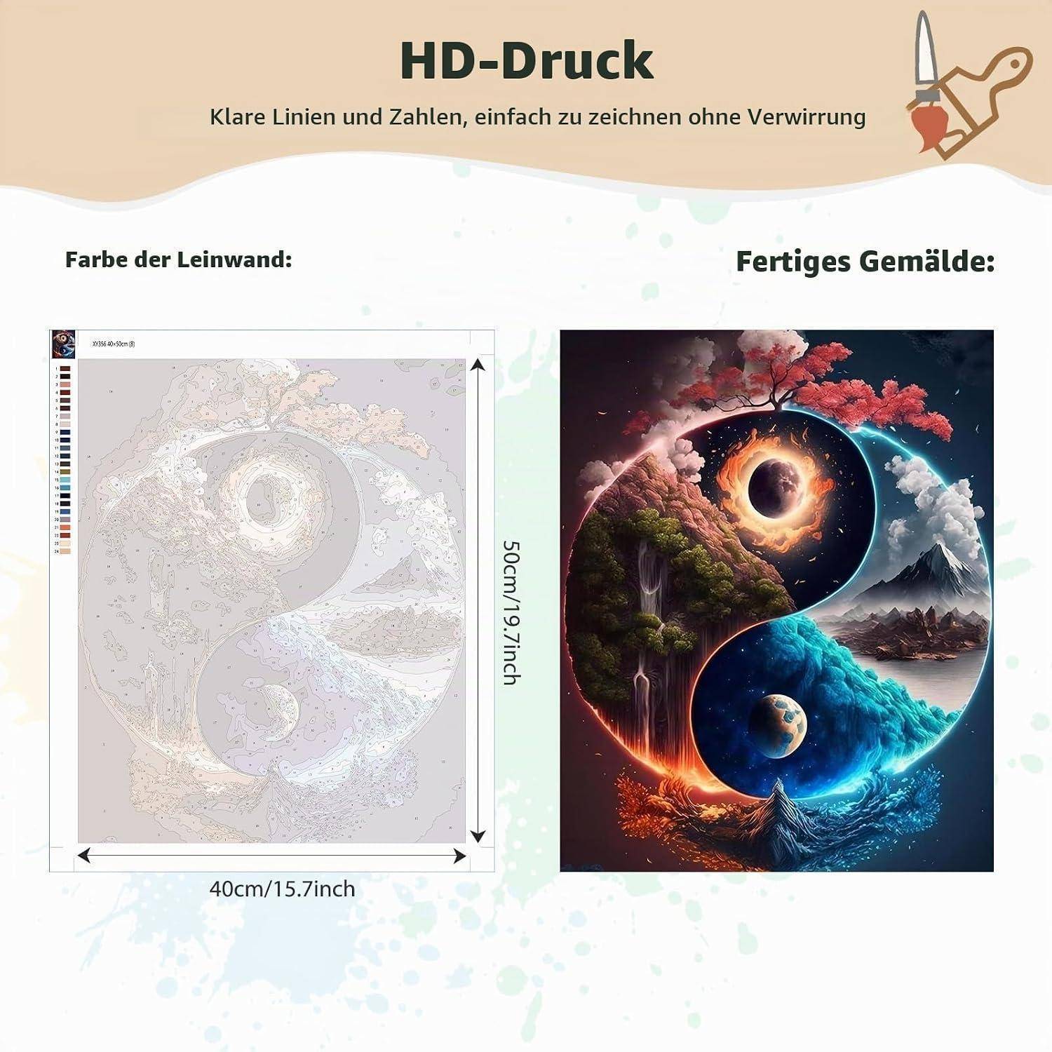 MEIYUDA Malen Nach Zahlen Erwachsene Yin und Yang, DIY Set Handgemalt Ölgemälde Kit für Anfänger und Erwachsene Mit 3 Pinseln und Acrylfarbe, Gesc