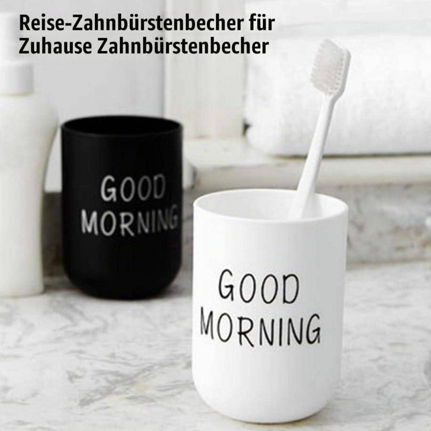 Schwarz-weiße Zahnbürstenbecher mit der Aufschrift 'GOOD MORNING', mit einer Zahnbürste im weißen Becher; deutscher Titeltext besagt 'Reise-Zahnbürstenbecher für Zuhause Zahnbürstenbecher'.