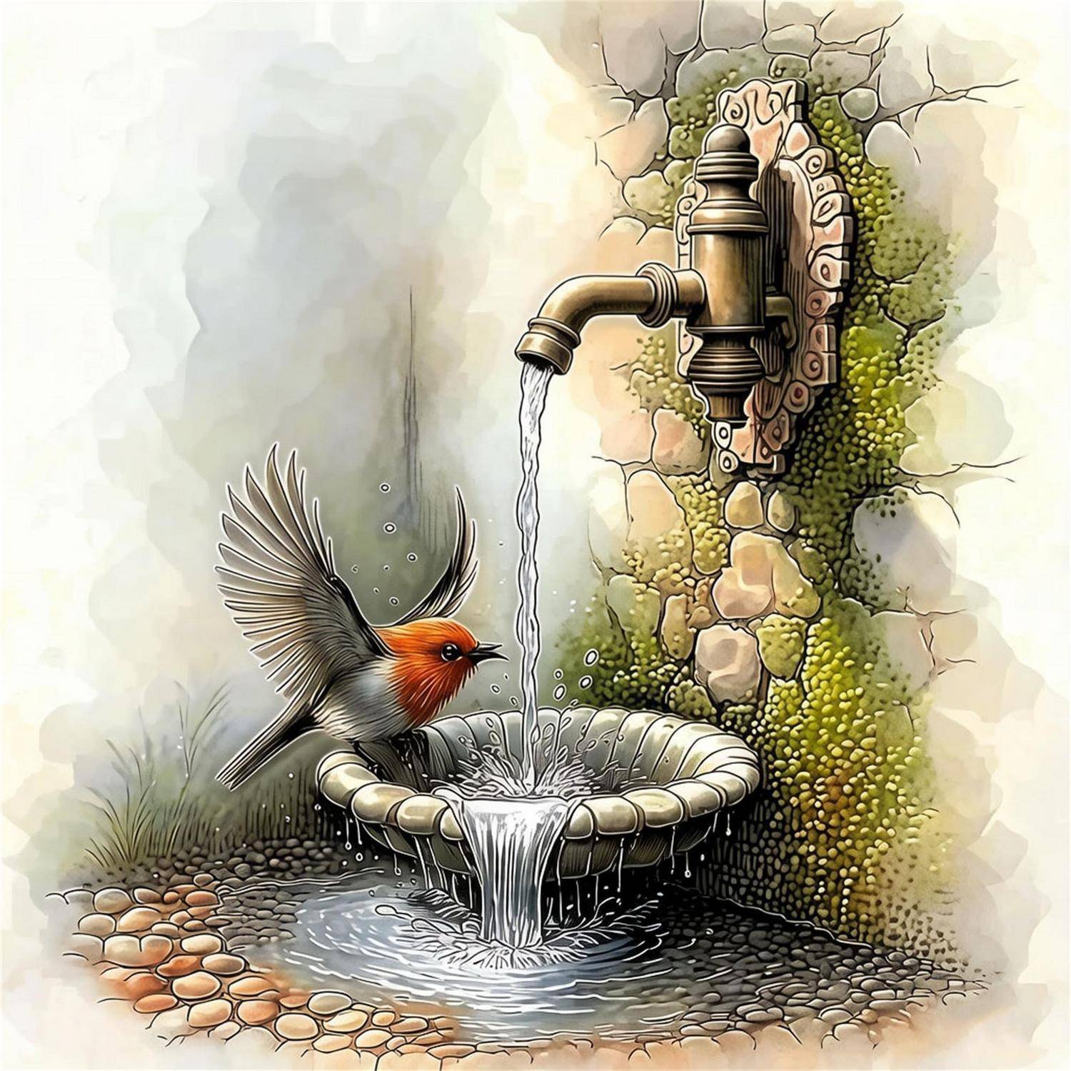 Ein kleiner Vogel schwebt neben einem wandmontierten Brunnen und trinkt aus Wasser, das in ein Becken in einer Gartenanlage fließt.