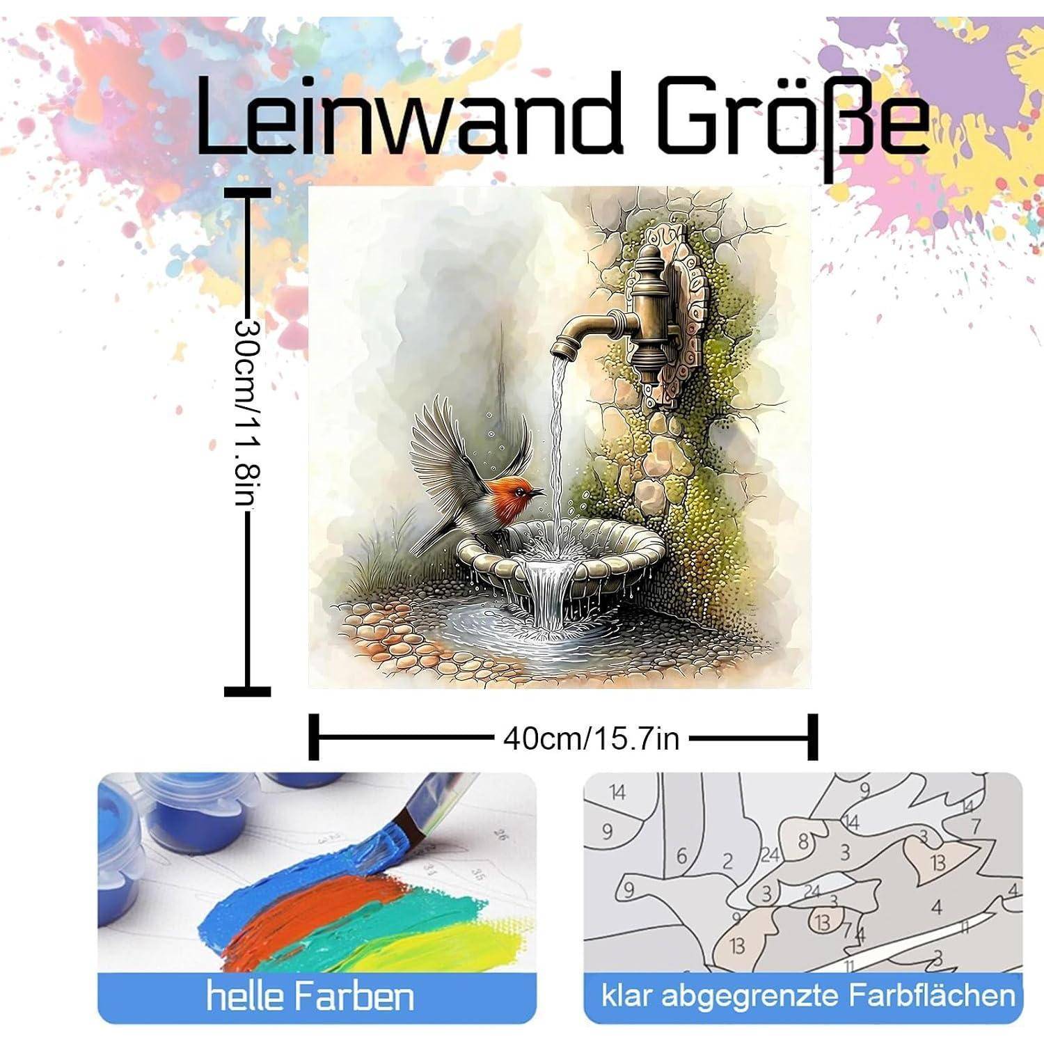 Werbegrafik für Leinwandgröße 30 cm x 40 cm mit einem Vogel an einem Steinbrunnen, mit Beispielen von leuchtenden Farben und nummerierten Malen-nach-Zahlen-Bereichen.