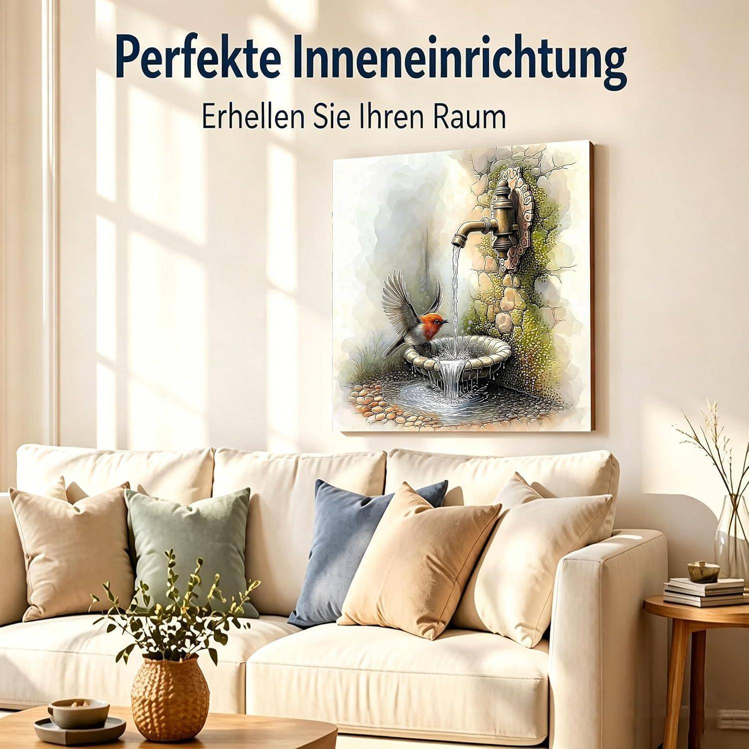 Helles Wohnzimmer mit cremefarbenem Sofa und Kissen unter Wandkunst und deutschem Text „Perfekte Inneneinrichtung