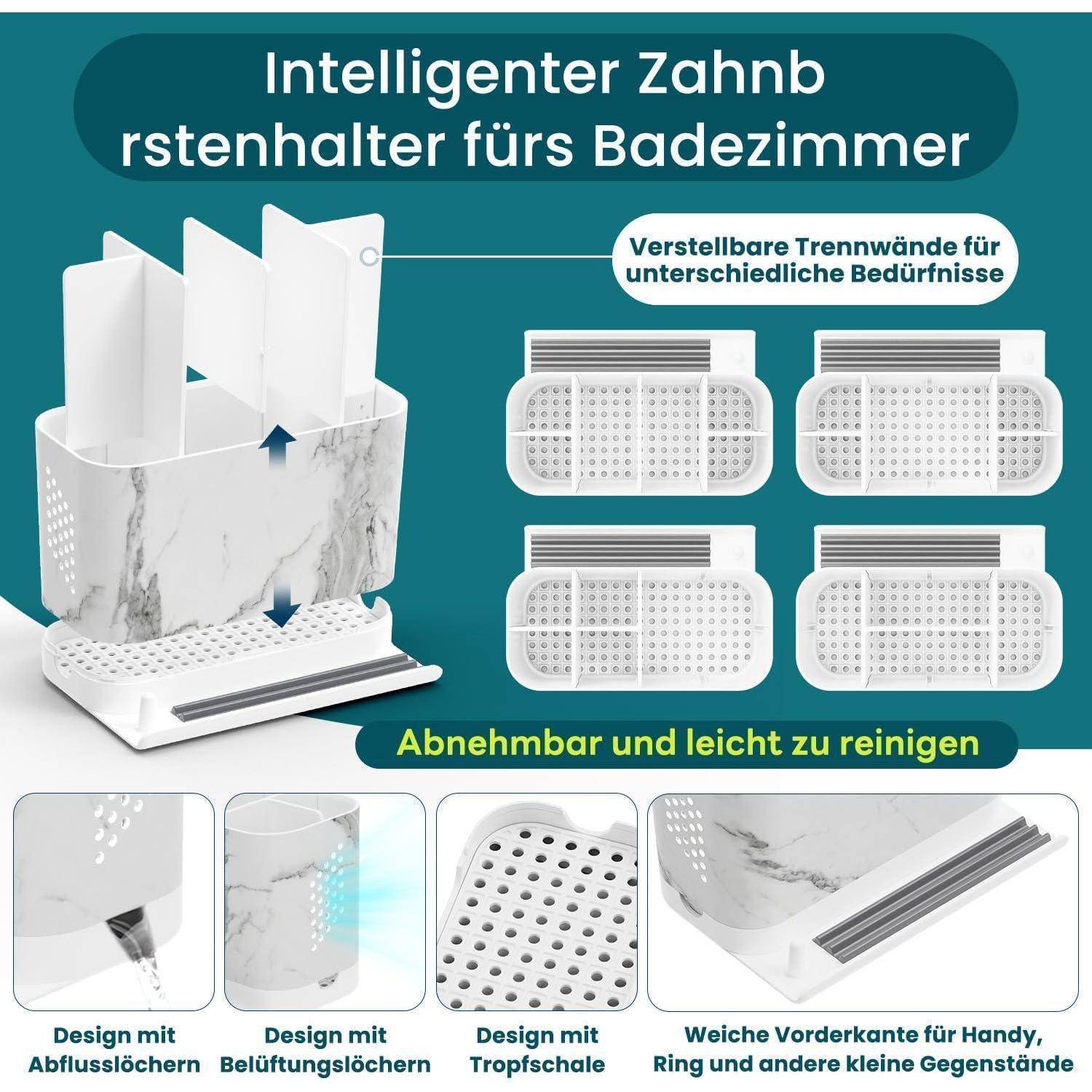 Illustration eines verstellbaren Zahnbursthalters für Badezimmer, mit abnehmbaren, leicht zu reinigenden Fächern, flexiblen Trennwänden und Entwässerungslöchern, mit Funktions-Beschriftungen in Deutsch.
