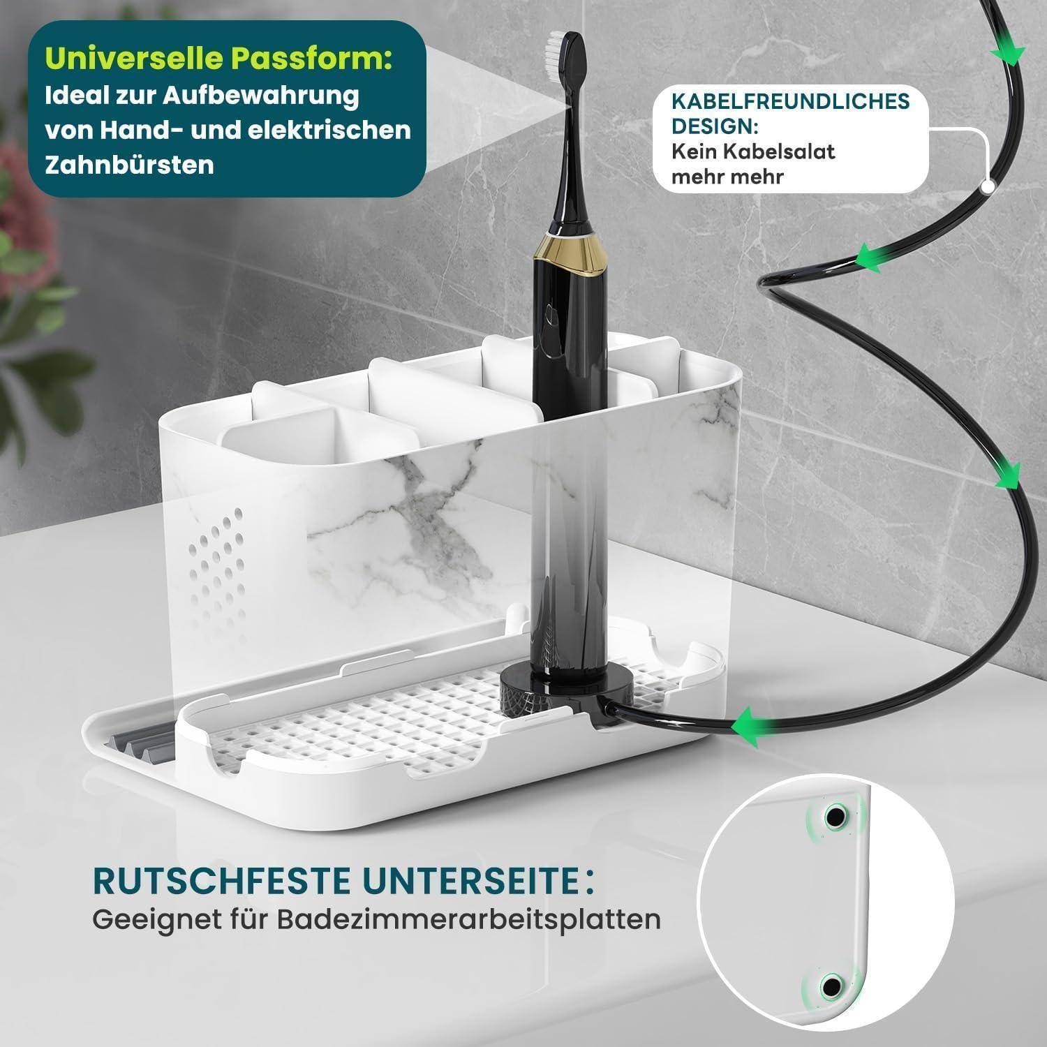 Elektrische Zahnbürsten-Ladehälter mit universellen Steckplätzen, kabelfreundlichem Design und rutschfester Basis für Badezimmerablage.