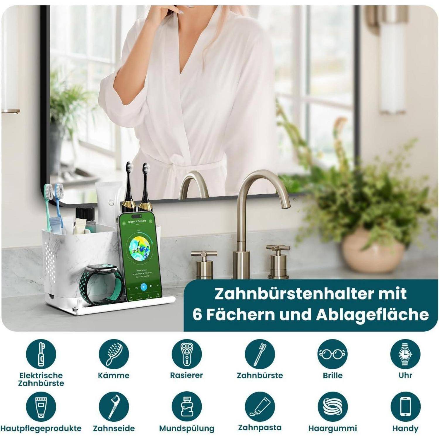 Zahnbürstenhalter Elektrische Zahnbürste mit Frontleiste und Kabelschlitzen, Elektrische Zahnbürste Ständer mit Trennwänden, Marmor-Effekt Zahnpu