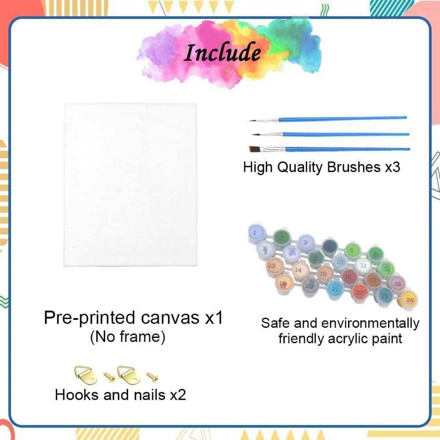 Produktinhalt: vorbedruckte Leinwand x1 (ohne Rahmen), hochwertige Pinsel x3, sichere umweltfreundliche Acrylfarbe, Haken und Nägel x2.