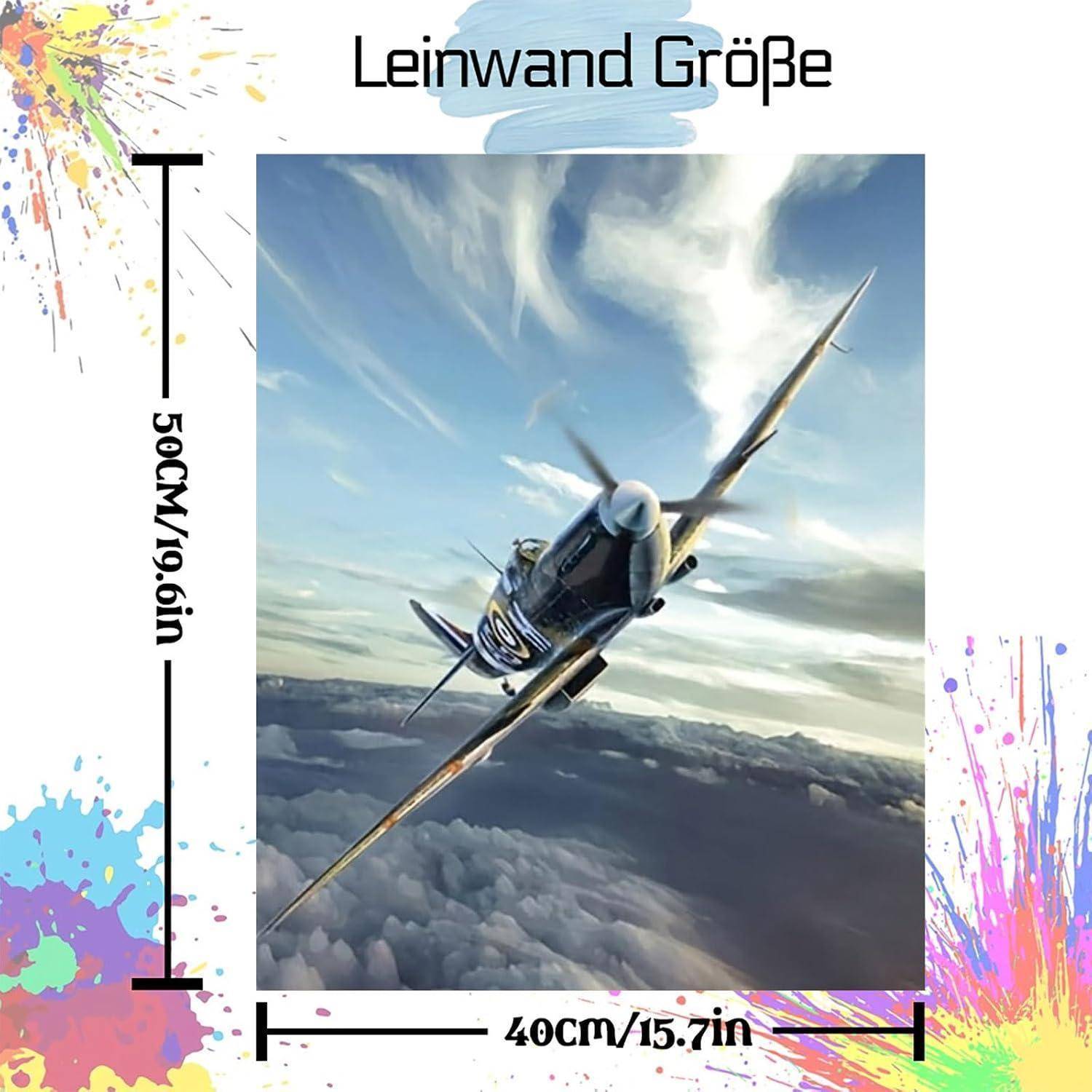 Postergröße-Diagramm mit einem Flugzeugdruck; Abmessungen beschriftet 50 cm/19,6 Zoll Höhe und 40 cm/15,7 Zoll Breite, mit dem Titel „Leinwand Größe