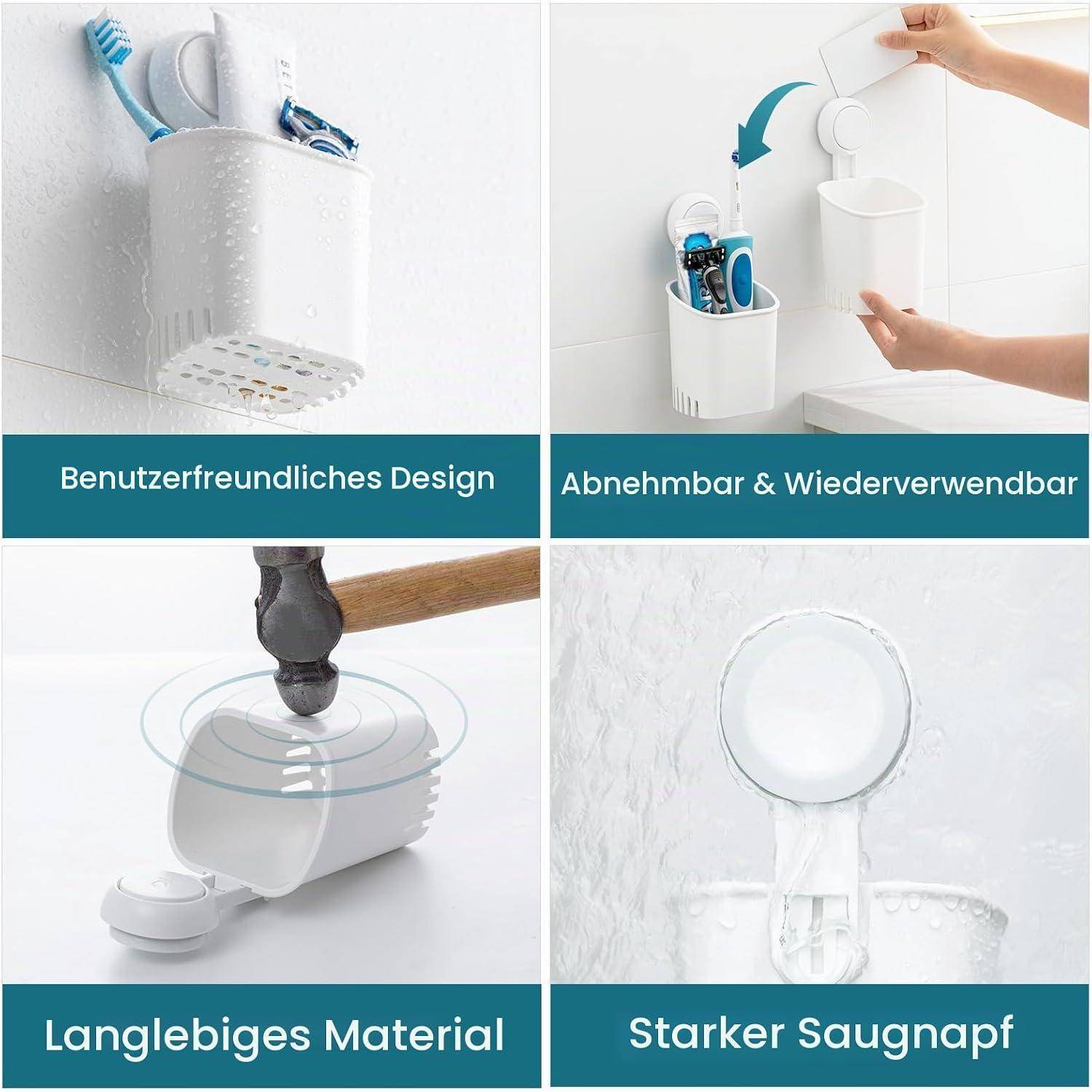 Vierteiliges Produktgrafik-Set, das einen Duschkorb mit Zahnbürsten und Rasierern zeigt, wobei das benutzerfreundliche Design, die abnehmbare/wiederverwendbare Halterung, das langlebige Material und der starke Saugnapf hervorgehoben werden.