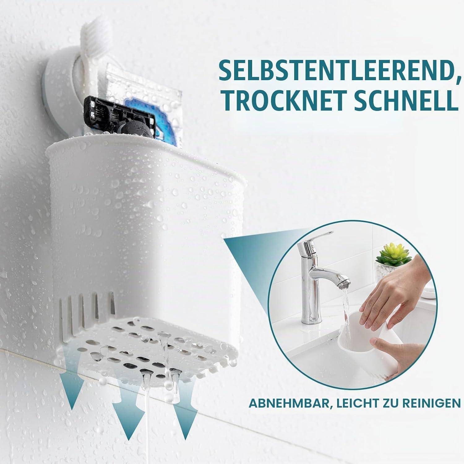 Werbeanzeige für einen selbstableitenden Badezimmerkorb, der schnell trocknet und abnehmbar ist für einfache Reinigung, gezeigt auf einem Waschbecken mit eingefügter Handwäsch-Ansicht.