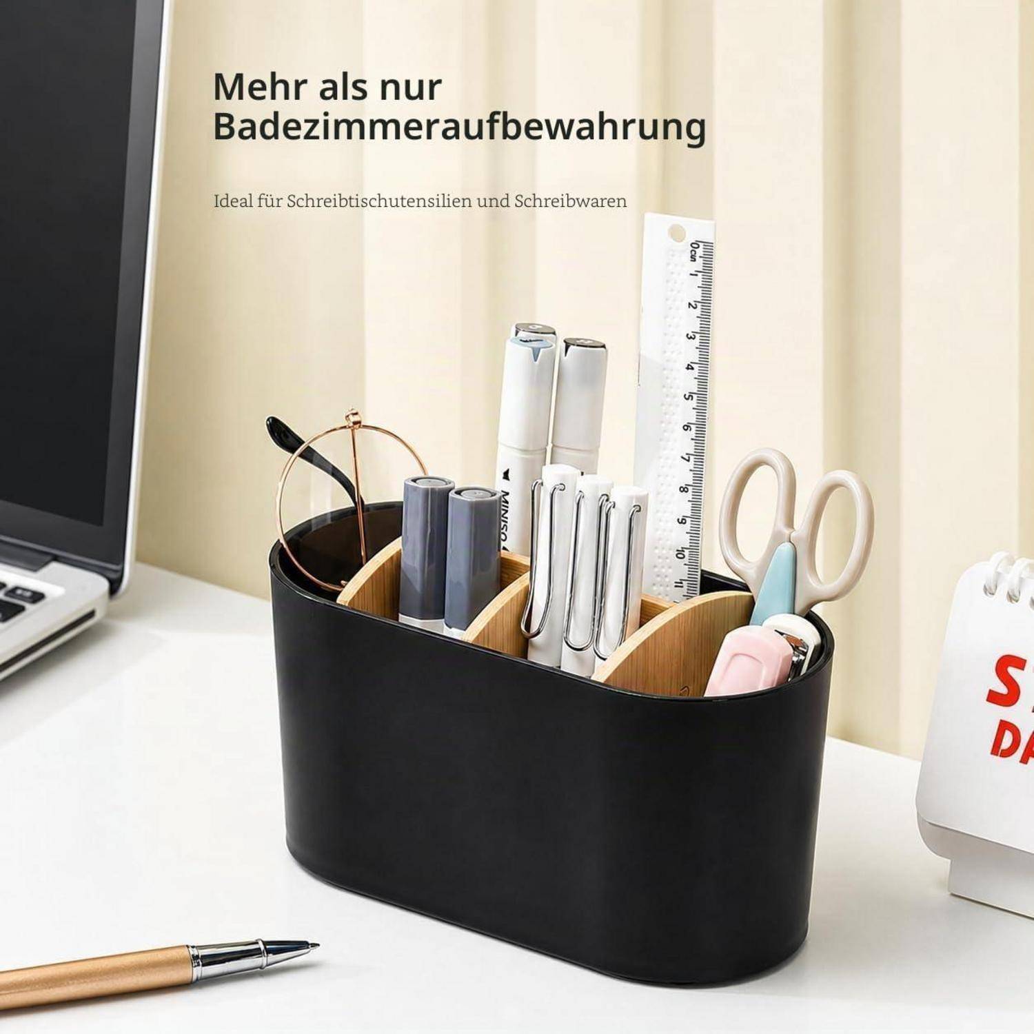 Schwarzer Schreibtischorganizer mit Stiften, Schere, Lineal und weiteren Schreibwaren; deutscher Text sagt „Mehr als nur Badezimmerspeicher