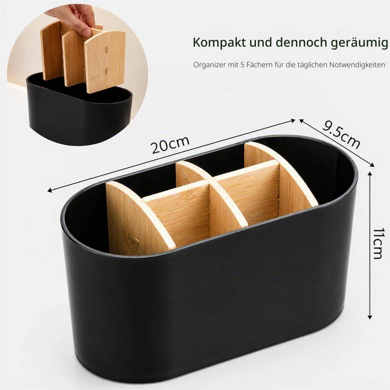 Schwarzer ovaler Organizer mit abnehmbaren Holzteilern, als kompakt und geräumig bezeichnet; Abmessungen angegeben: 20 cm lang, 9,5 cm breit, 11 cm hoch.